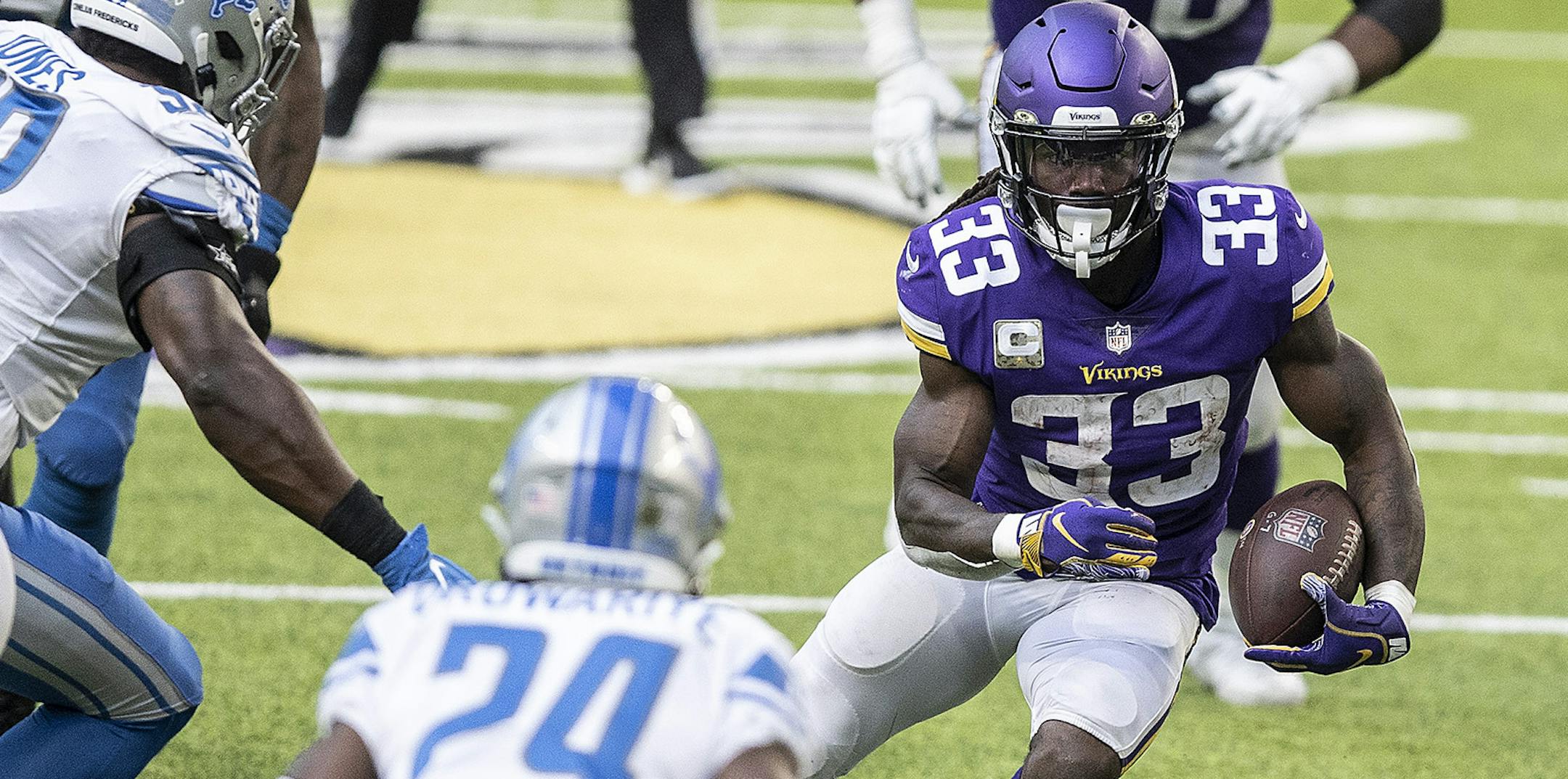 Minnesota Vikings running back Dalvin Cook (33) cuts back on the Lions defense for a third quarter touchdown. ] Jerry Holt •Jerry.Holt@startribune.com The Minnesota Vikings played the Detroit Lions Sunday November 8, 2020 at U.S. Bank Stadium in Minneapolis , MN.