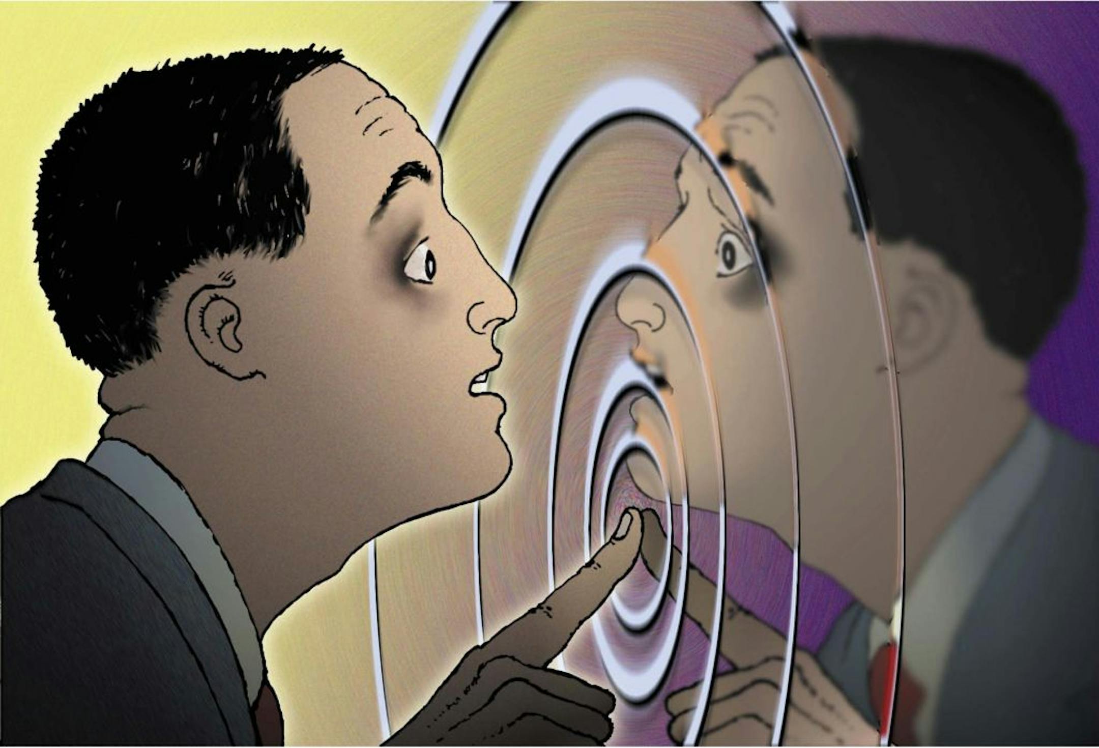 300 dpi 4 col x 5.25 in / 196x133 mm / 667x454 pixels John Roberge color illustration of a mentally distressed man touching a reflection of himself. Talahassee Democrat 2002 <p>KEYWORDS: depression health mental illness analysis psychotherapy psychiatric psychoanalysis self image esteem illustration depresion salud enfermedad psiquiatria psicoanalisis imagen propio amor mismo ilustracion reflection grabado contributed ta roberge 2002