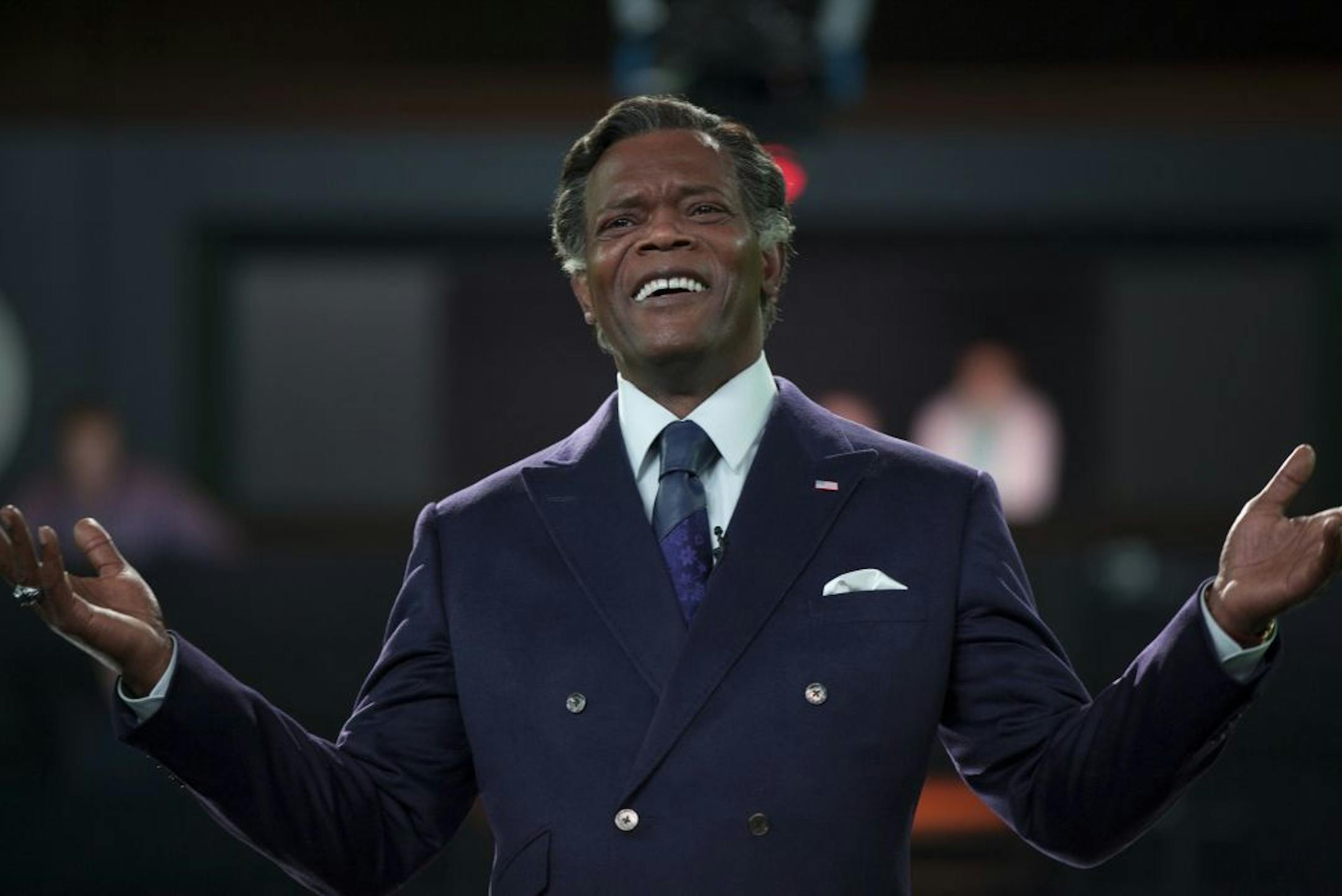 This image released by Columbia Pictures shows Samuel L. Jackson in a scene from "RoboCop."