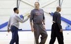 New York Knicks interim head coach Kurt Rambis, center, participates in a practice in Greenburgh, N.Y., Monday, Feb. 8, 2016. Derek Fisher was fired a
