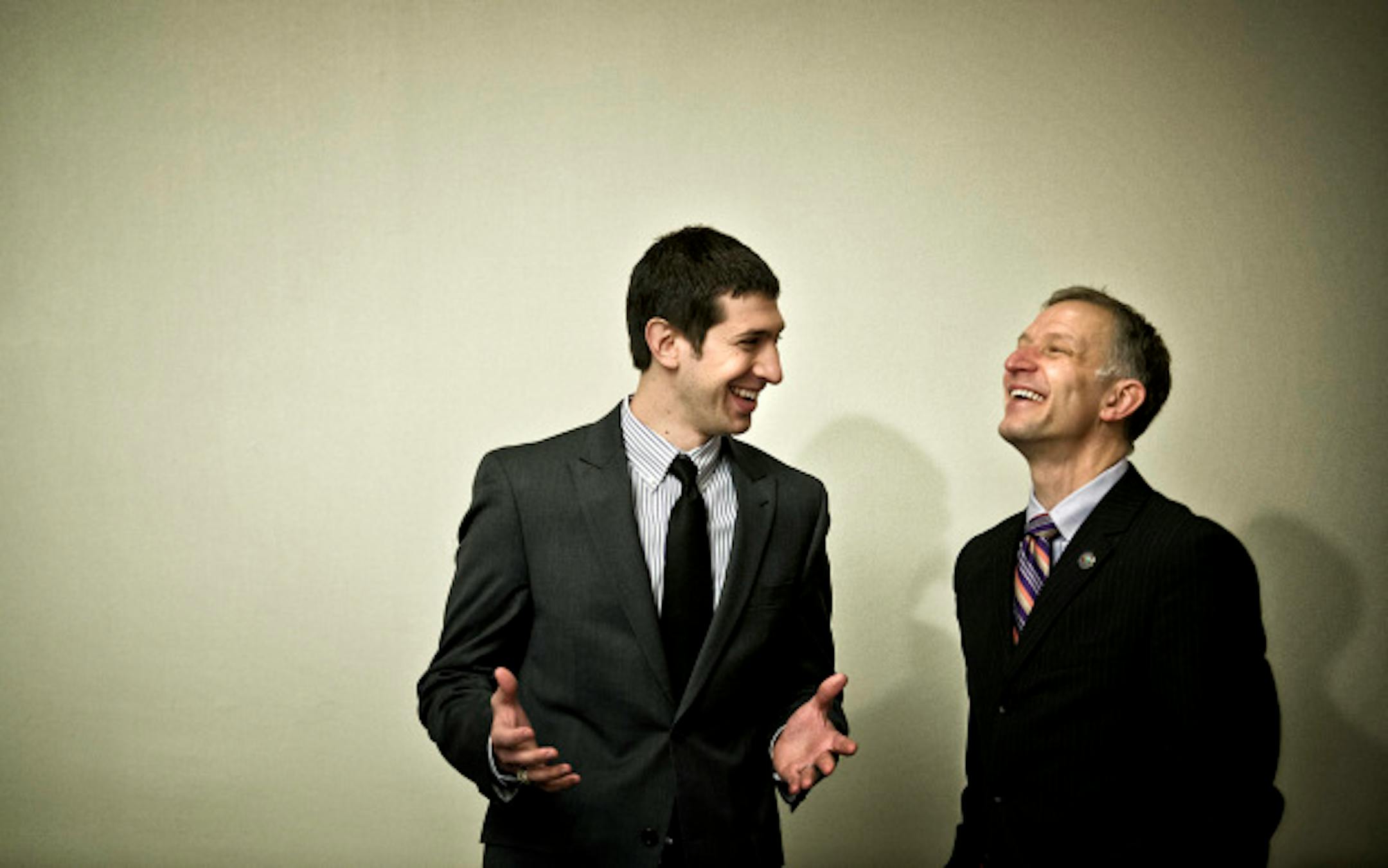 Sens. Jeremy Miller, R-Winona, and Roger Reinert, DFL-Duluth talked before a press conference to announce their  bipartisan Purple Caucus which they hope will be a start to answering the question Miller is asked most often, "Why can't you all work together" and be Minnesotans first. Monday, March 4, 2013.    ]   GLEN STUBBE * gstubbe@startribune.com