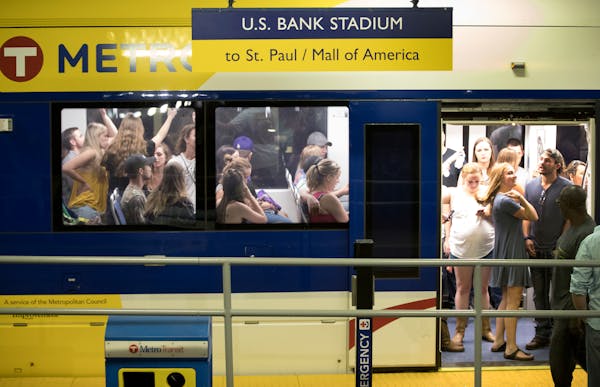 The light rail filled up after a Luke Bryan concert at US Bank Stadium in August 2016.