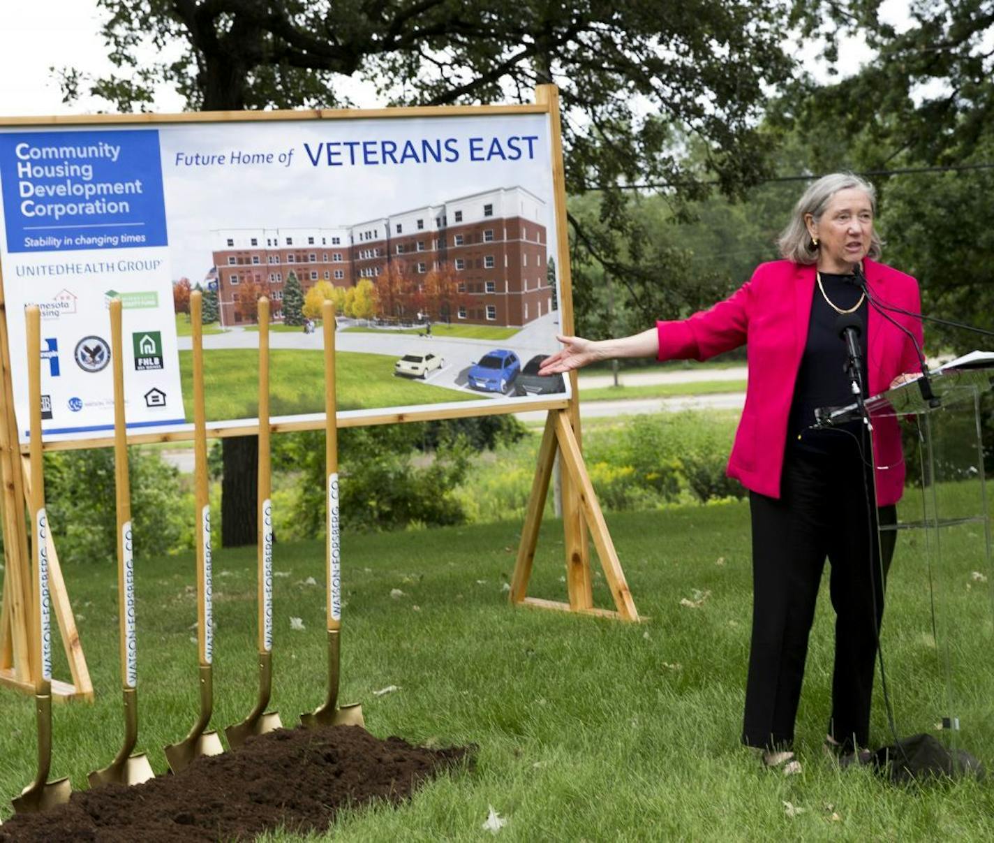 Minnesota Housing Commissioner Mary Tingerthal on Tuesday speaks at a ground breaking ceremony for 100-units of efficiency housing on the Minneapolis VA campus for veterans struggling with homelessness.