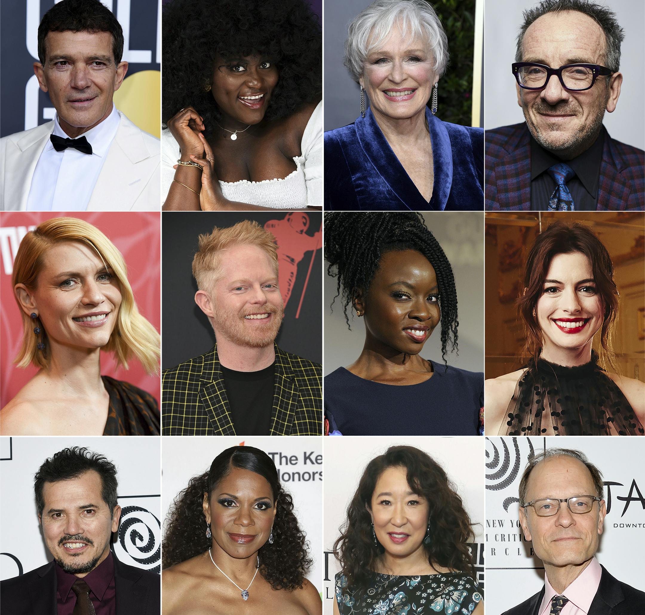 This combination photo shows, top row from left, Antonio Banderas, Danielle Brooks, Glenn Close and Elvis Costello, second row from left, Claire Danes, Jesse Tyler Ferguson, Danai Gurira and Anne Hathaway, third row from left, John Leguizamo, Audra McDonald, Sandra Oh and David Hyde Pierce, who are among the stars expected to attend the June 1 virtual event, called "We Are One Public," a benefit for New York City's fabled Public Theater. (AP Photo)
