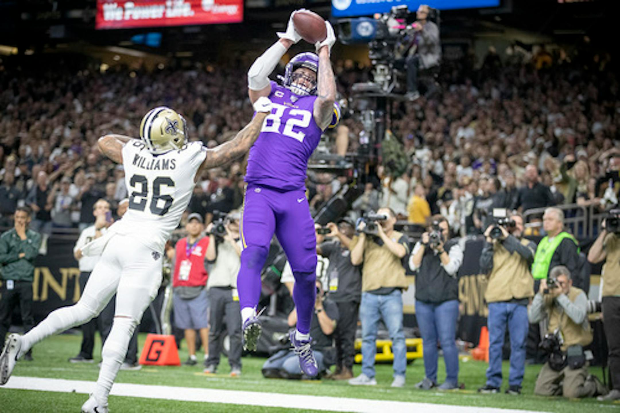Minnesota Vikings tight end Kyle Rudolph catches the winning touchdown over New Orleans Saints cornerback P.J. Williams in overtime on Sunday, Jan. 5, 2020 at Mercedes-Benz Superdome in New Orleans, La. (Elizabeth Flores/Minneapolis Star Tribune/TNS) ORG XMIT: 1532834