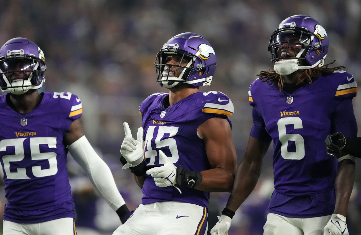 Minnesota Vikings linebacker Troy Dye (45) celebrates after recovering a kick for a turnover in the second quarter of an NFL preseason game between the Minnesota Vikings and the Tennessee Titans Saturday, Aug. 19, 2023 at U.S. Bank Stadium in Minneapolis. ] ANTHONY SOUFFLE • anthony.souffle@startribune.com