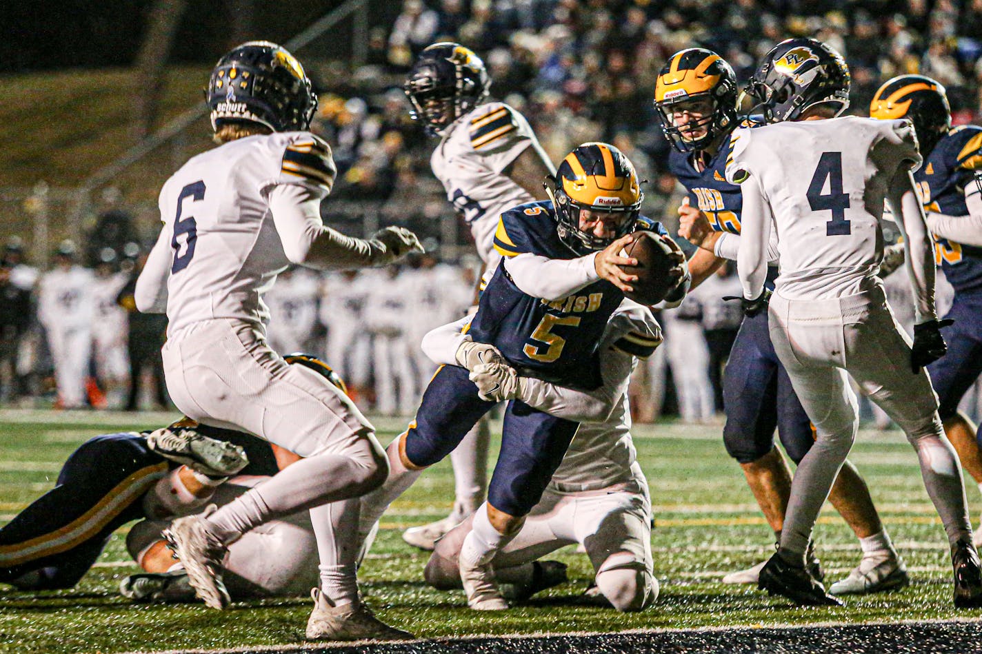 Rosemount's Landon Danner stretched for the end zone, breaking the plane for a first-quarter touchdown against Prior Lake. Rosemount led 14-12 at the half. Photo by Mark Hvidsten, SportsEngine