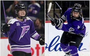 Forwards Brooke McQuigge, left, and Denisa Křížová are leaving the Minnesota Frost, taken by Vancouver in Monday night's expansion draft.
