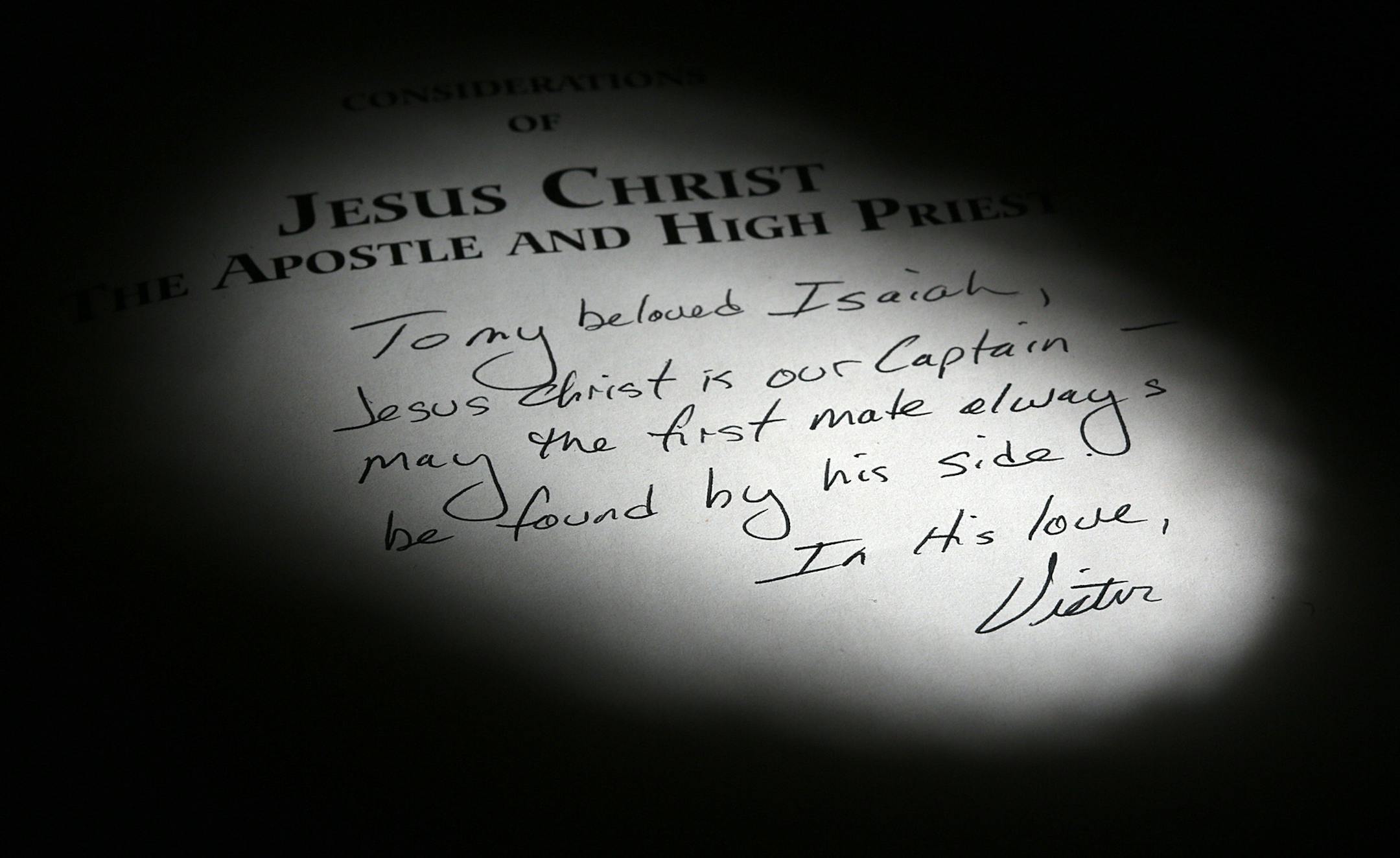 A book, "Considerations of Jesus the Apostle and High Priest," written by Victor Barnard and belonging to Micah Vail&#x201a;&#xc4;&#xf4;s younger brother, Isaiah, was inscribed by Barnard. ] JIM GEHRZ &#x201a;&#xc4;&#xa2; jgehrz@startribune.com / St. Paul, MN / April 24, 2014 / 12:00 PM