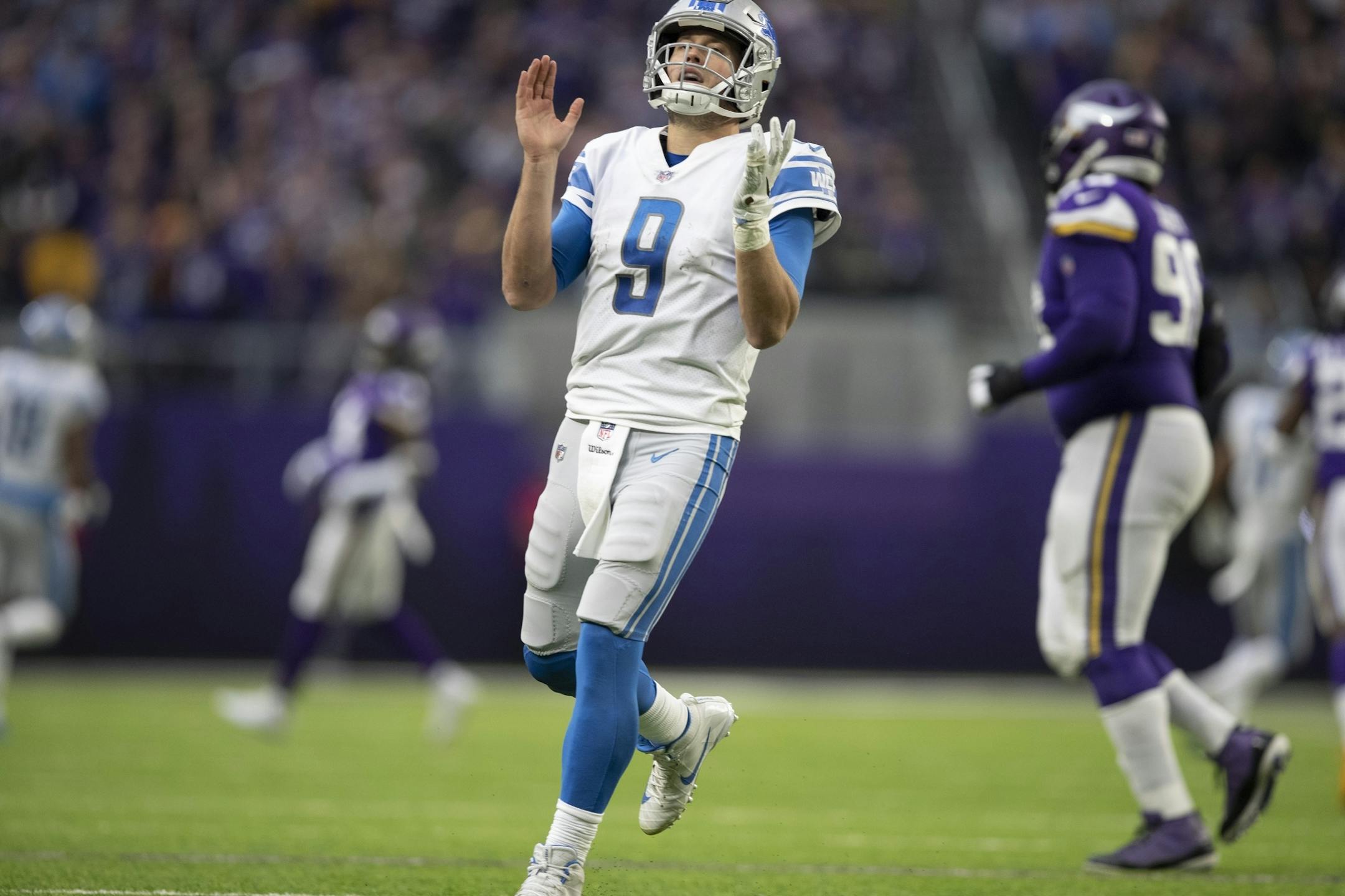 Lions Matthew Stafford reacted after throwing an incomplete pass in the fourth quarter at U.S.Bank Stadium Sunday 4, 2018 in Minneapolis, MN.