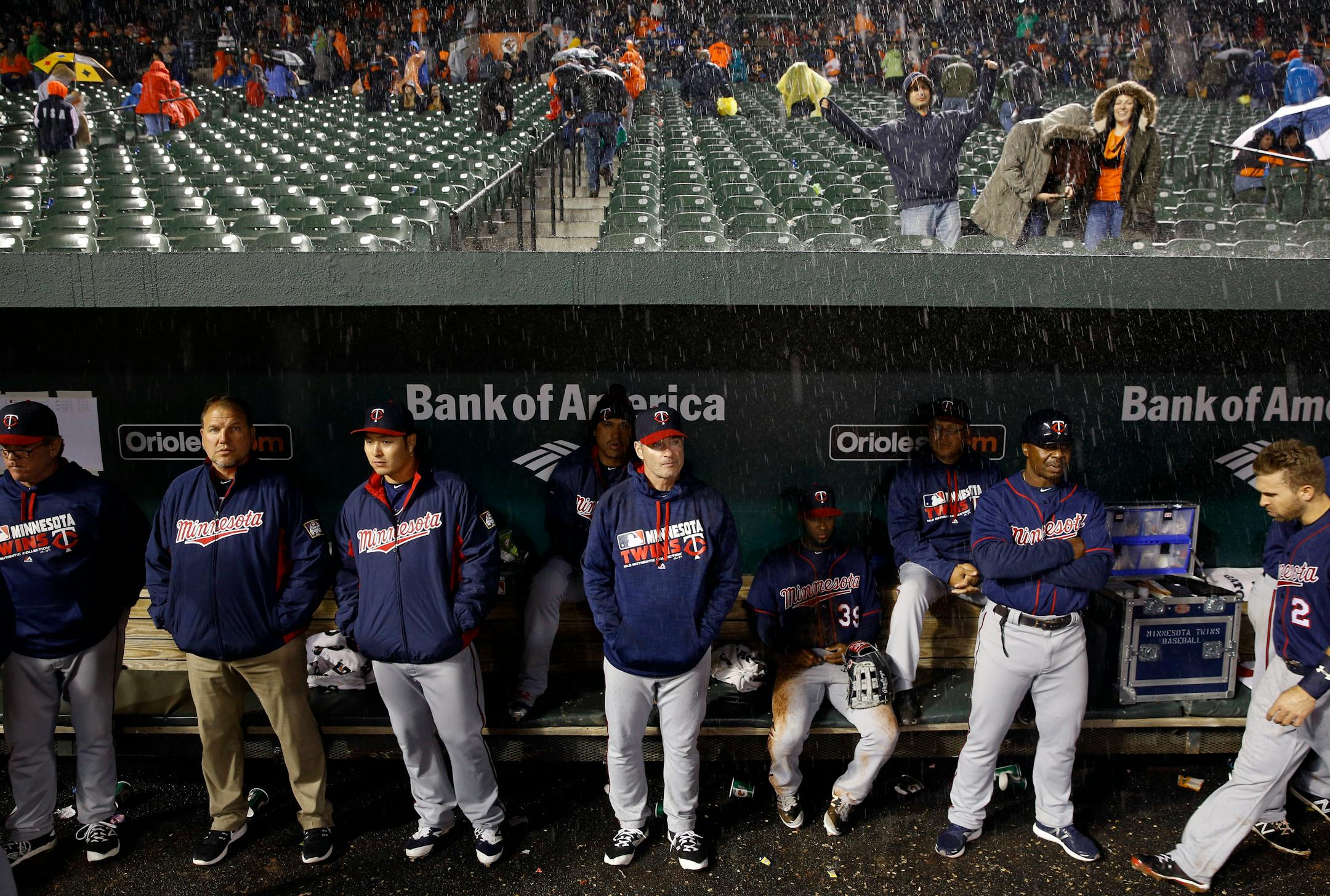 Minnesota Twins manager Paul Molitor, center, stands in the dugout during a rain delay in the Twins' baseball game against the Baltimore Orioles in Baltimore, Thursday, April 7, 2016. (AP Photo/Patrick Semansky)