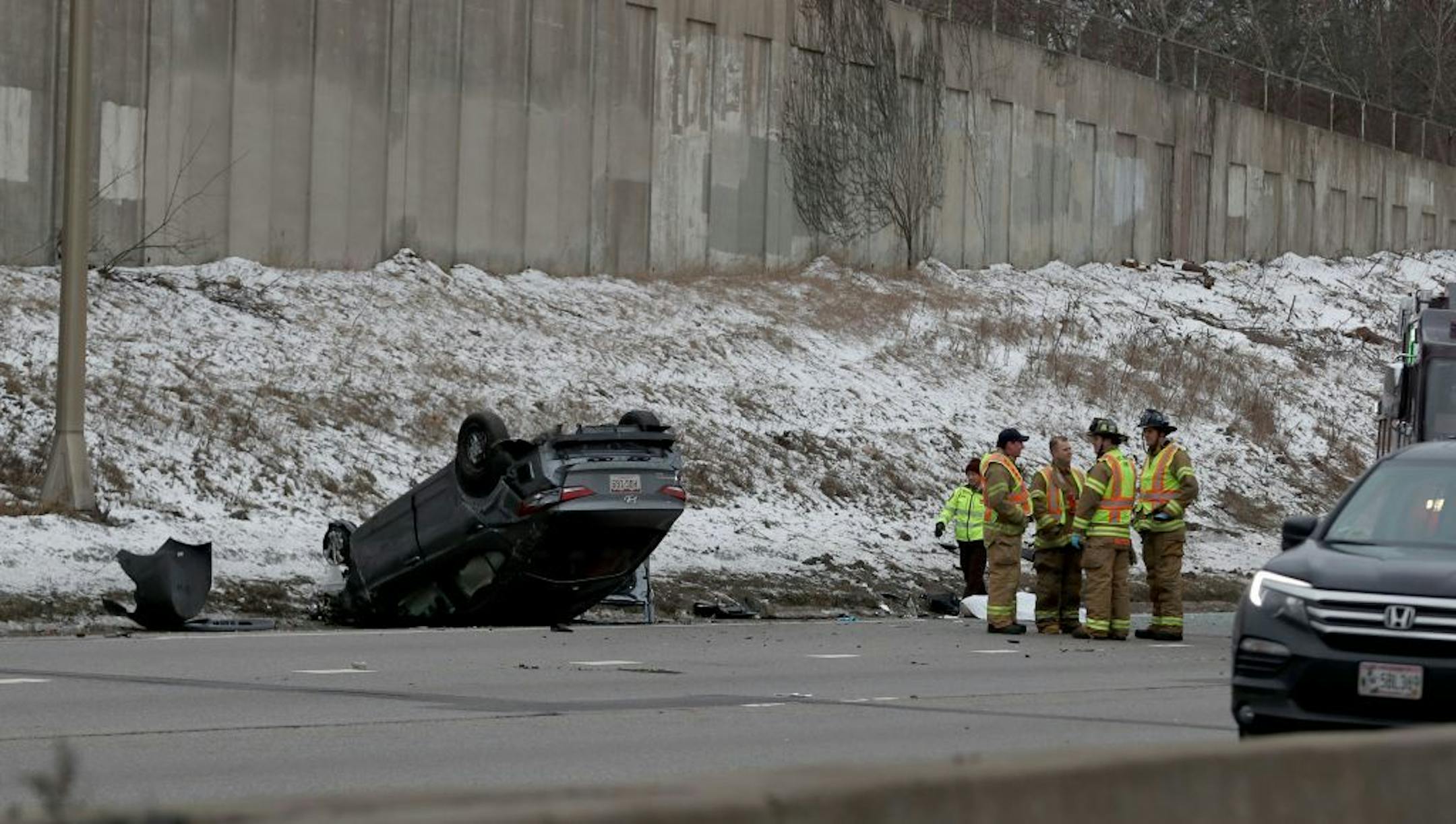 A rollover fatal crash closed down I-94 eastbound in St. Paul near the Minneapolis border during the mid-afternoon Saturday, Jan. 28, 2017, in St. Paul, MN.