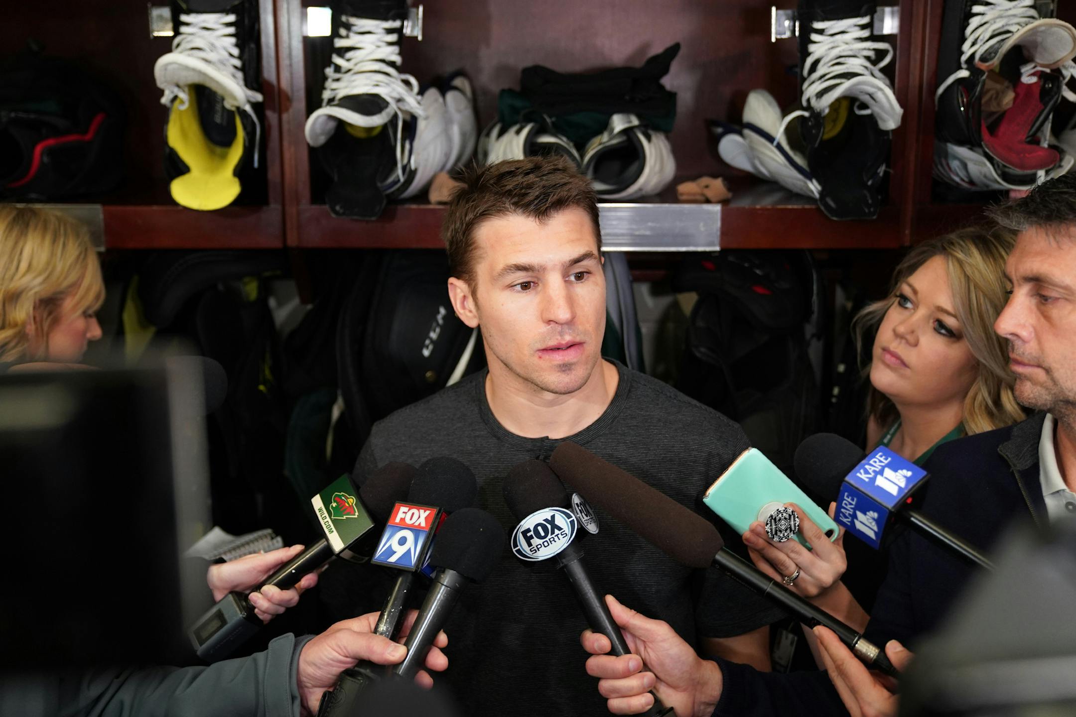 Minnesota Wild left winger Zach Parise (11) spoke with reporters in the locker room Tuesday. ] ANTHONY SOUFFLE &#x2022; anthony.souffle@startribune.com Minnesota Wild general manager Paul Fenton and head coach Bruce Boudreau gave a press conference as players emptied out the locker room days after the team's season ending loss to the Nashville Predators Tuesday, April 9, 2019 at the Xcel Energy Center in St. Paul, Minn.