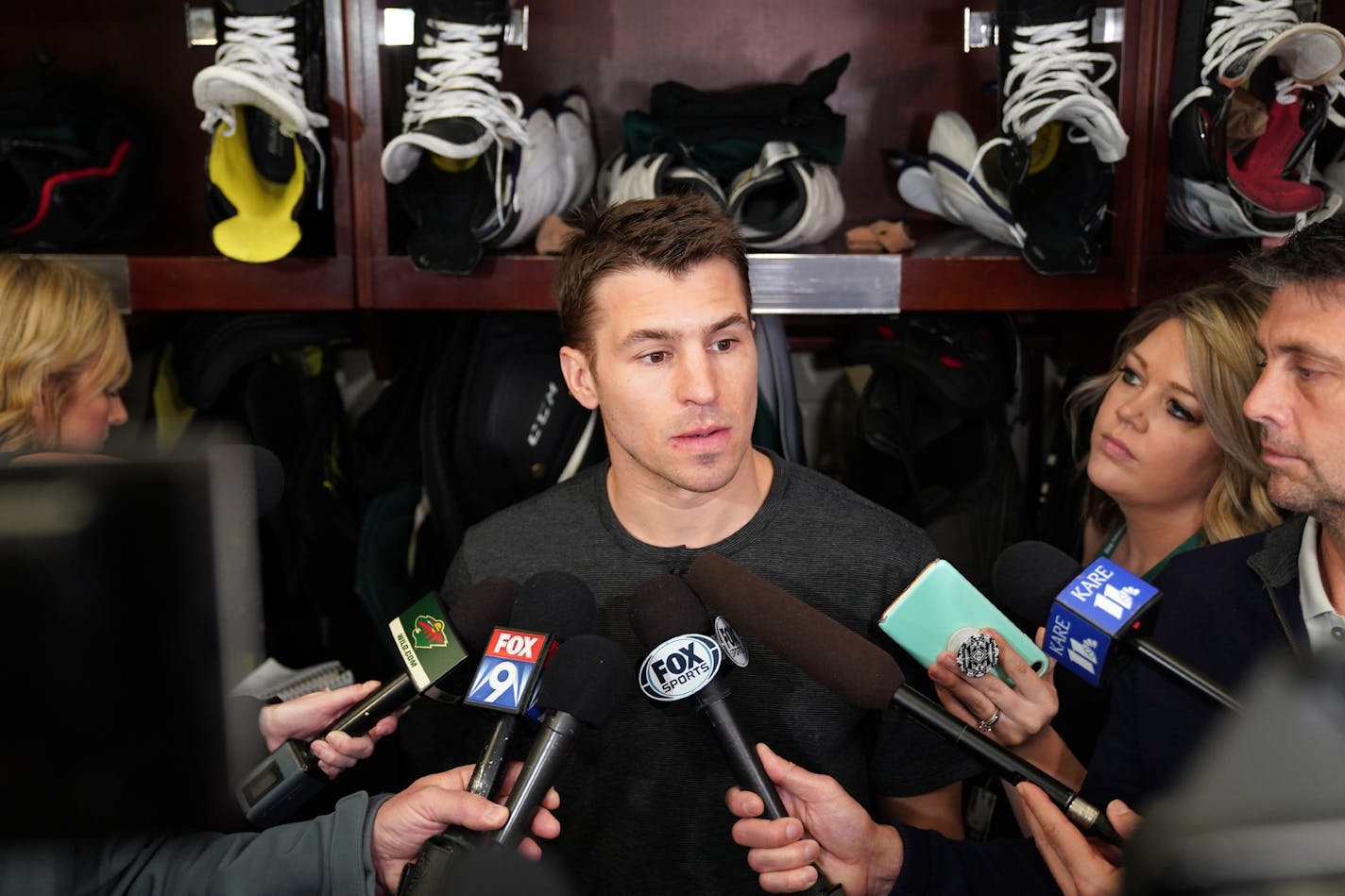 Minnesota Wild left winger Zach Parise (11) spoke with reporters in the locker room Tuesday. ] ANTHONY SOUFFLE &#x2022; anthony.souffle@startribune.com Minnesota Wild general manager Paul Fenton and head coach Bruce Boudreau gave a press conference as players emptied out the locker room days after the team's season ending loss to the Nashville Predators Tuesday, April 9, 2019 at the Xcel Energy Center in St. Paul, Minn.