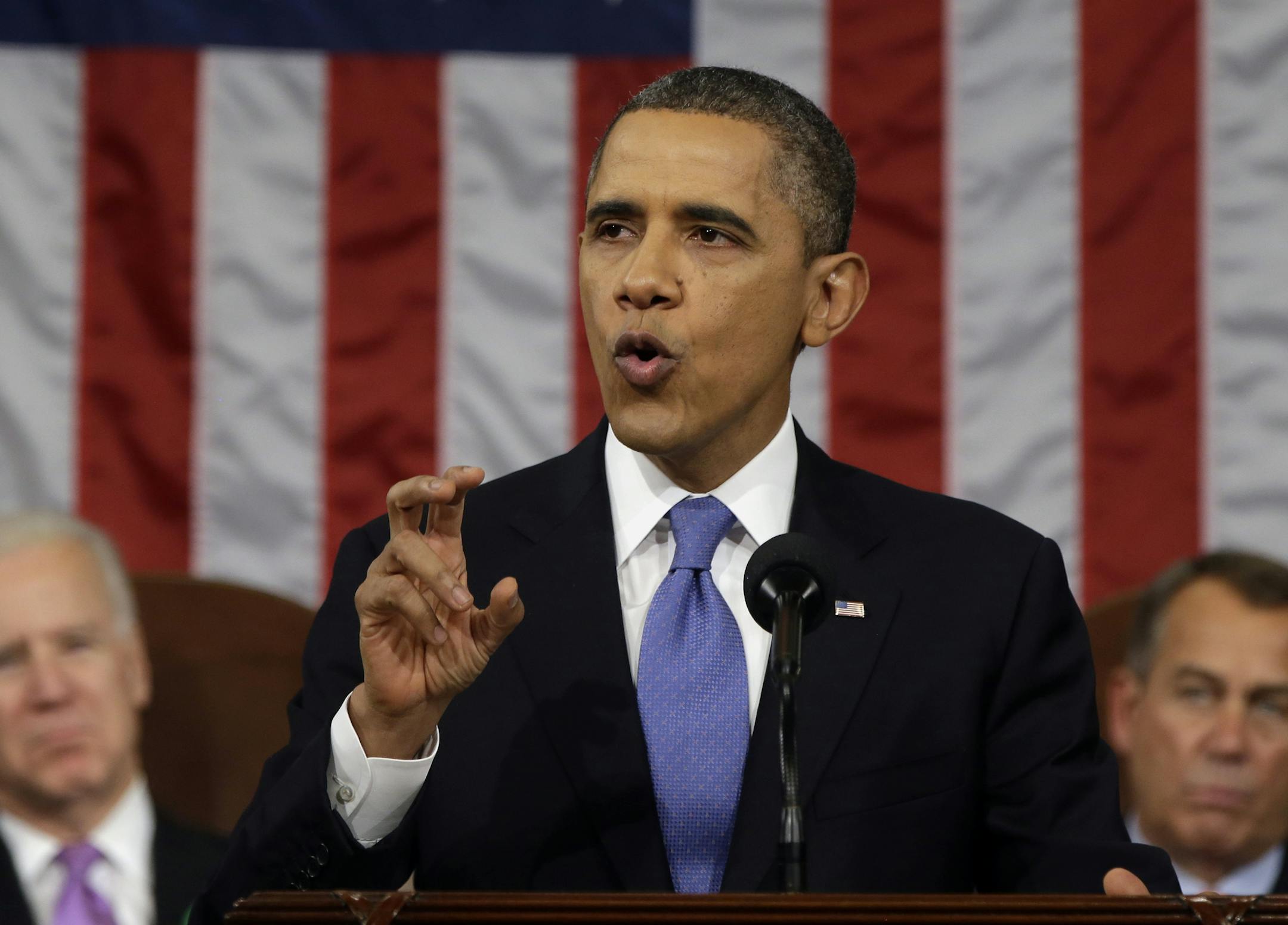 FILE - In this Feb. Feb. 12, 2013 file-pool photo, President Barack Obama, flanked by Vice President Joe Biden and House Speaker John Boehner of Ohio, gives his State of the Union address during a joint session of Congress on Capitol Hill in Washington. Hereís a little secret about the State of the Union address that President Barack Obama will deliver next week: Heíll give Congress a long list of requests but few likely will be approved. Thatís just the reality of a politically d