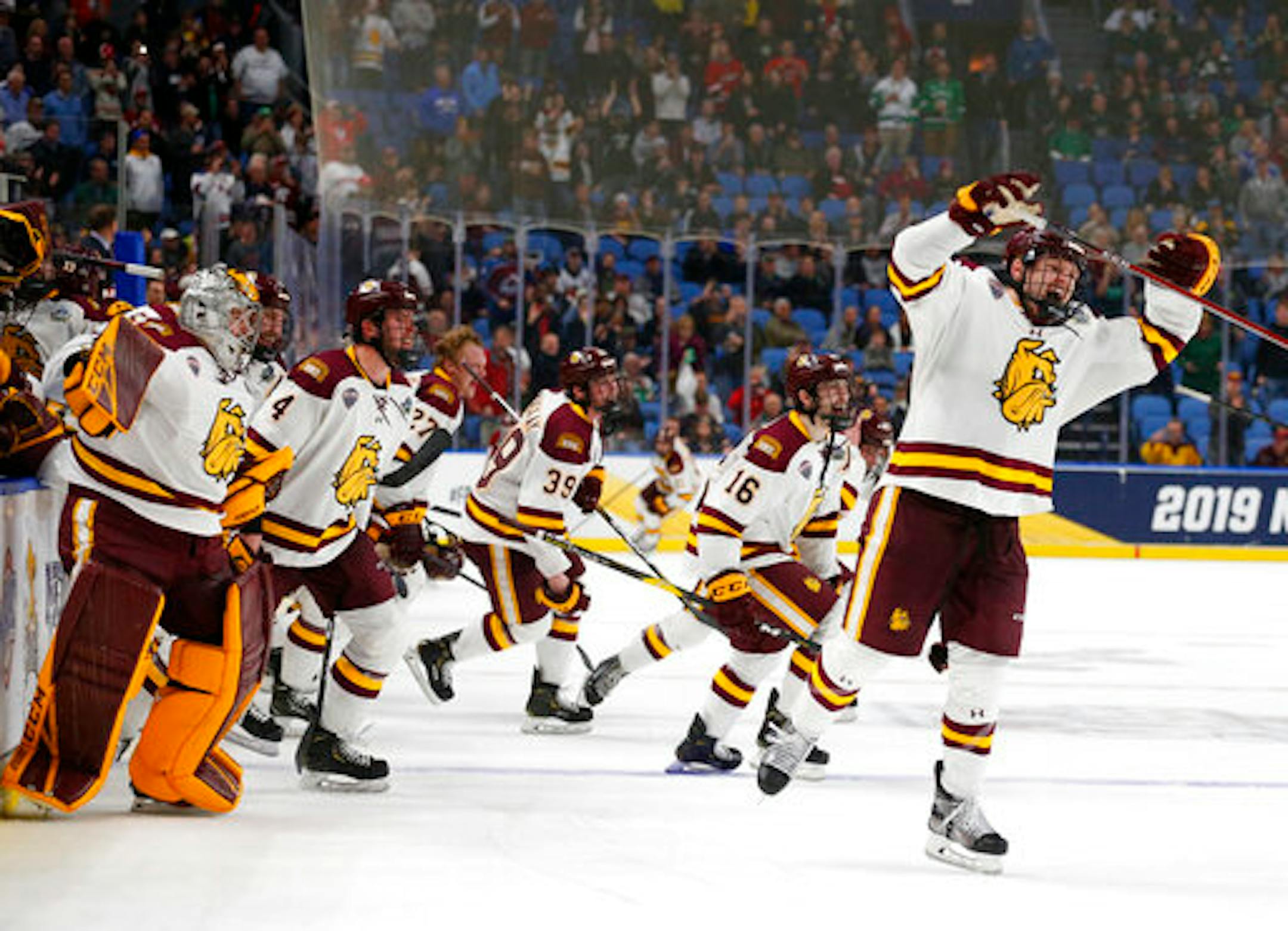 Minnesota Duluth players spilled onto the ice after the Bulldogs defeated Massachusetts 3-0 to win the 2019 NCAA men's hockey championship in Buffalo, N.Y.