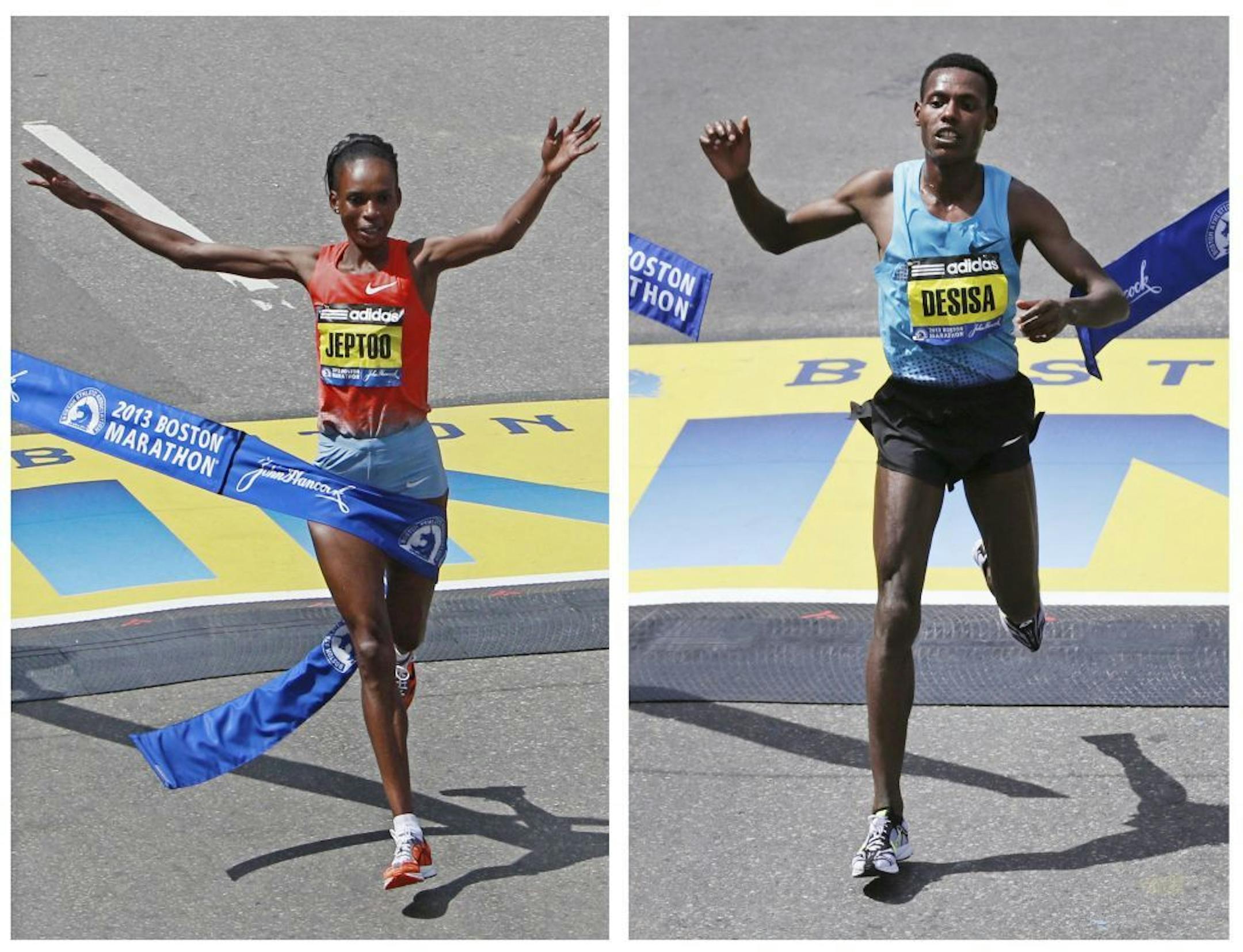 This two image combination photograph shows Rita Jeptoo, of Kenya, left, and Lelisa Desisa, of Ethiopia, right, crossing the finish line to win the women's and men's division of the 2013 running of the Boston Marathon in Boston, Monday, April 15, 2013.