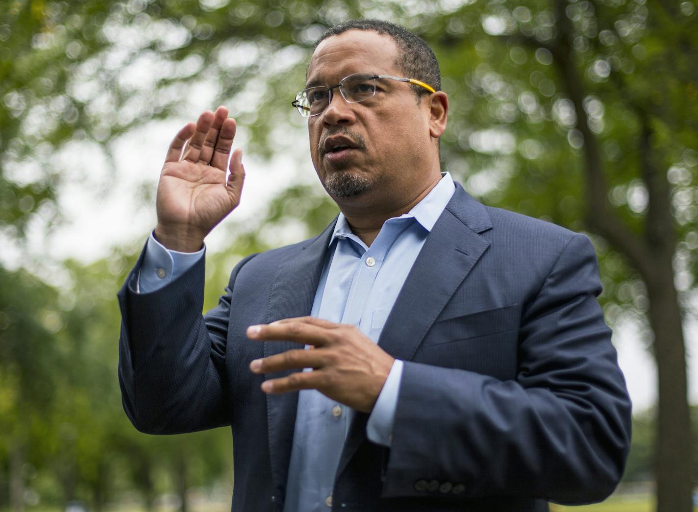 FILE - In this Aug. 17, 2017, file photo, U.S. Rep. Keith Ellison addresses campaign volunteers and supporters in Minneapolis. (Alex Kormann /Star Tribune)