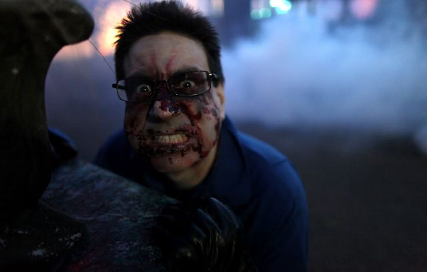 The Star Tribune's Randy Salas is ready to play his role of zombie at Valleyfair's "Valleyscare".