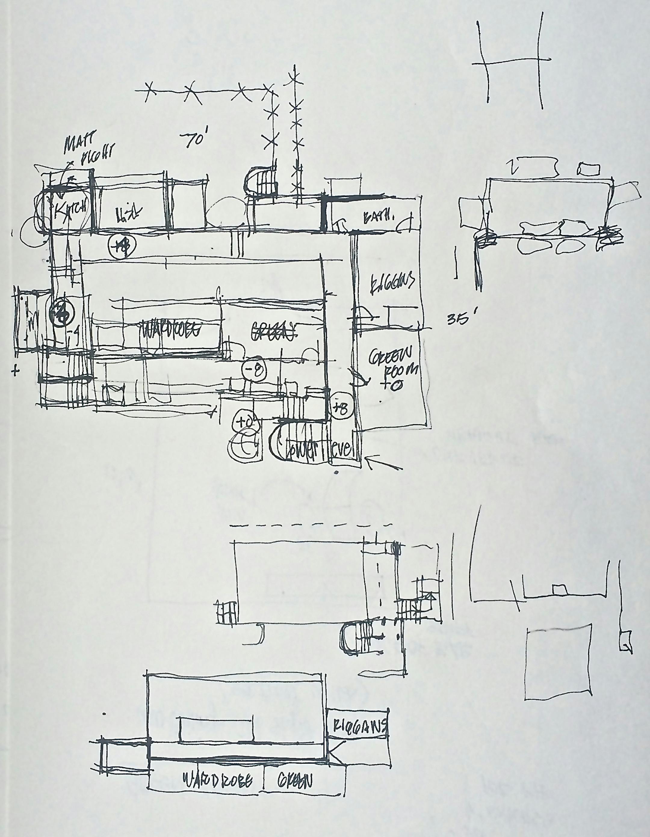 Kevin Thompson's set design sketches. On a soundstage in Queens, Kevin Thompson built a modular three-story set to represent the backstage corridors and dressing rooms of the St. James Theatre. To accommodate the long continuous takes that a re a hallmark of the film, walls, dorrs and ceilings were easily removed, shifted or replaced by crew members as the actors walked and talked. They were also ìshrunken,î or moved closer together, to make the space feel more claustrophobic when Mich