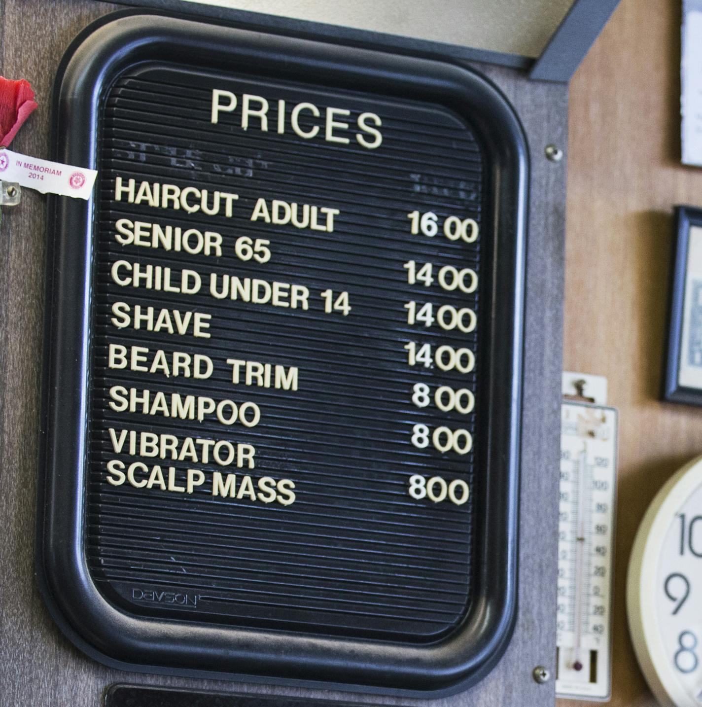 The prices at Jeff's Barber Shop in Hopkins on Wednesday, January 20, 2016. ] (Leila Navidi/Star Tribune) leila.navidi@startribune.com