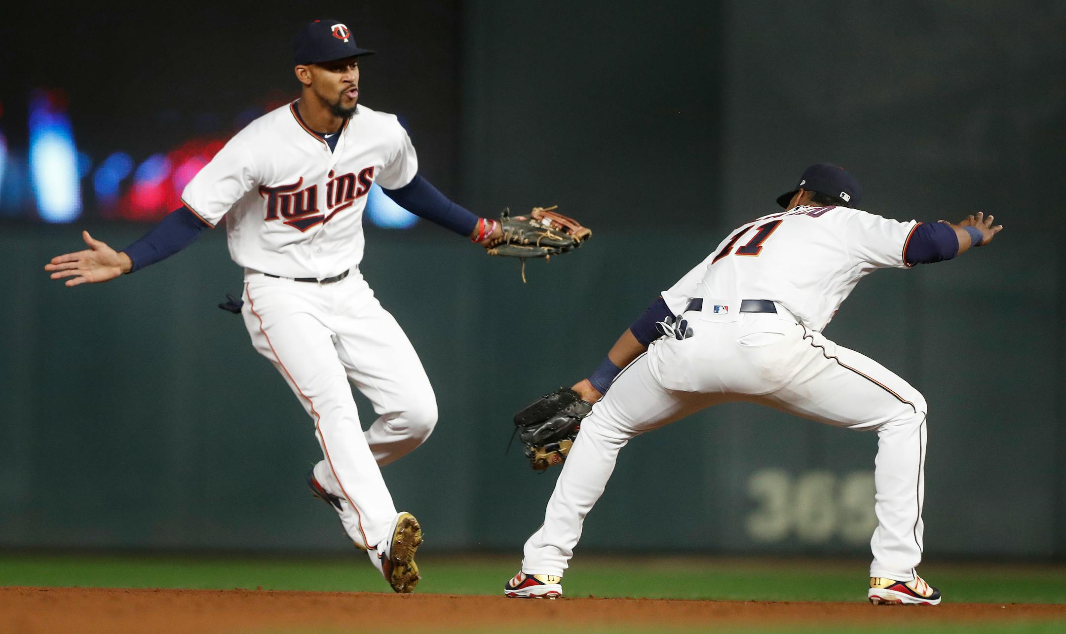 Twins Byron Buxton left and Jorge Polanco celebrated the Twins 9-1 win over the Athletics at Target Field Tuesday May 2, 2017 in Minneapolis, MN.] JERRY HOLT � jerry.holt@startribune.com