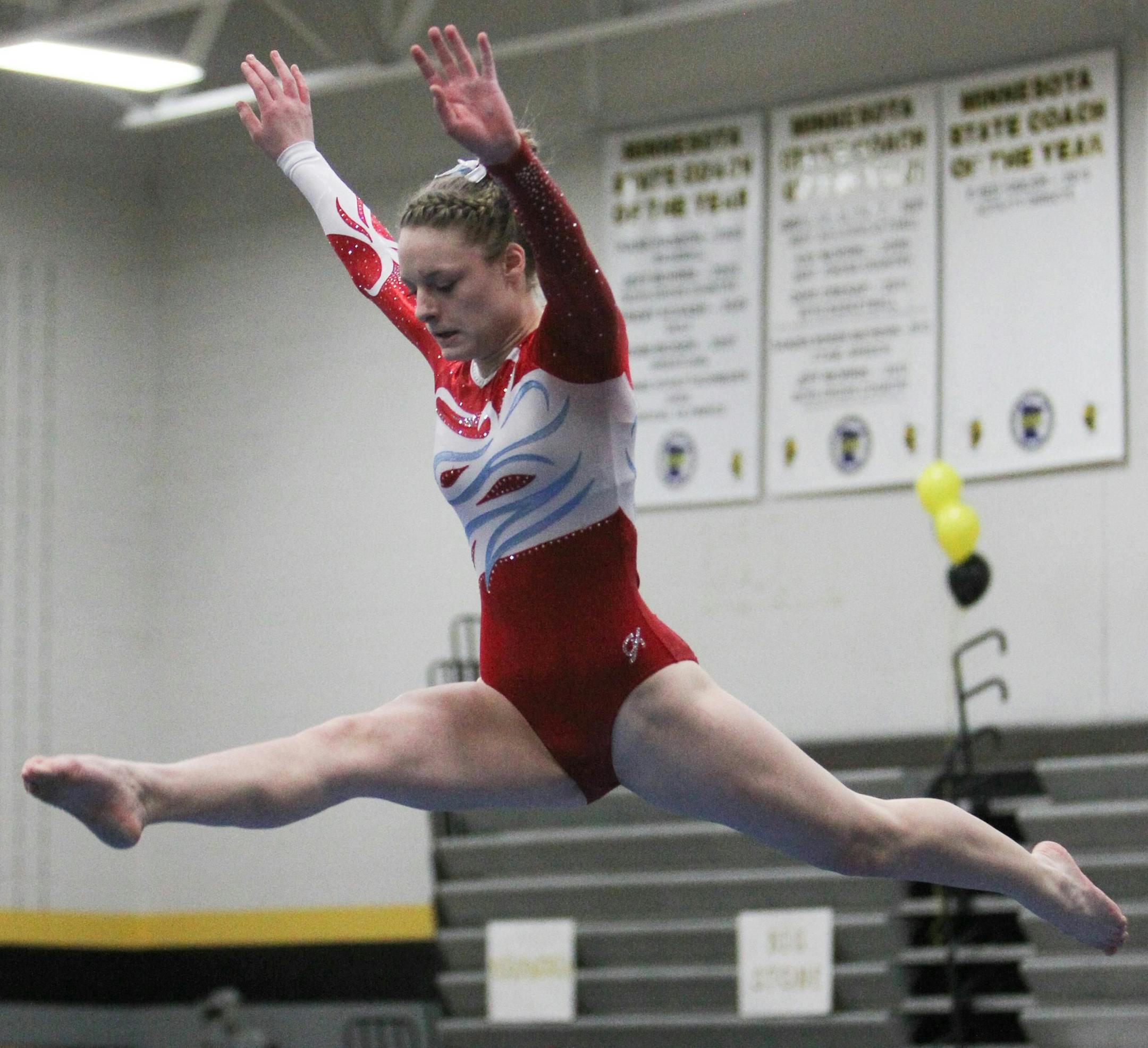 Detroit Lakes' Cora Okeson, shown on the balance beam at the Class 1A, Section 8 meet, was runner-up at state on the beam and all-around.