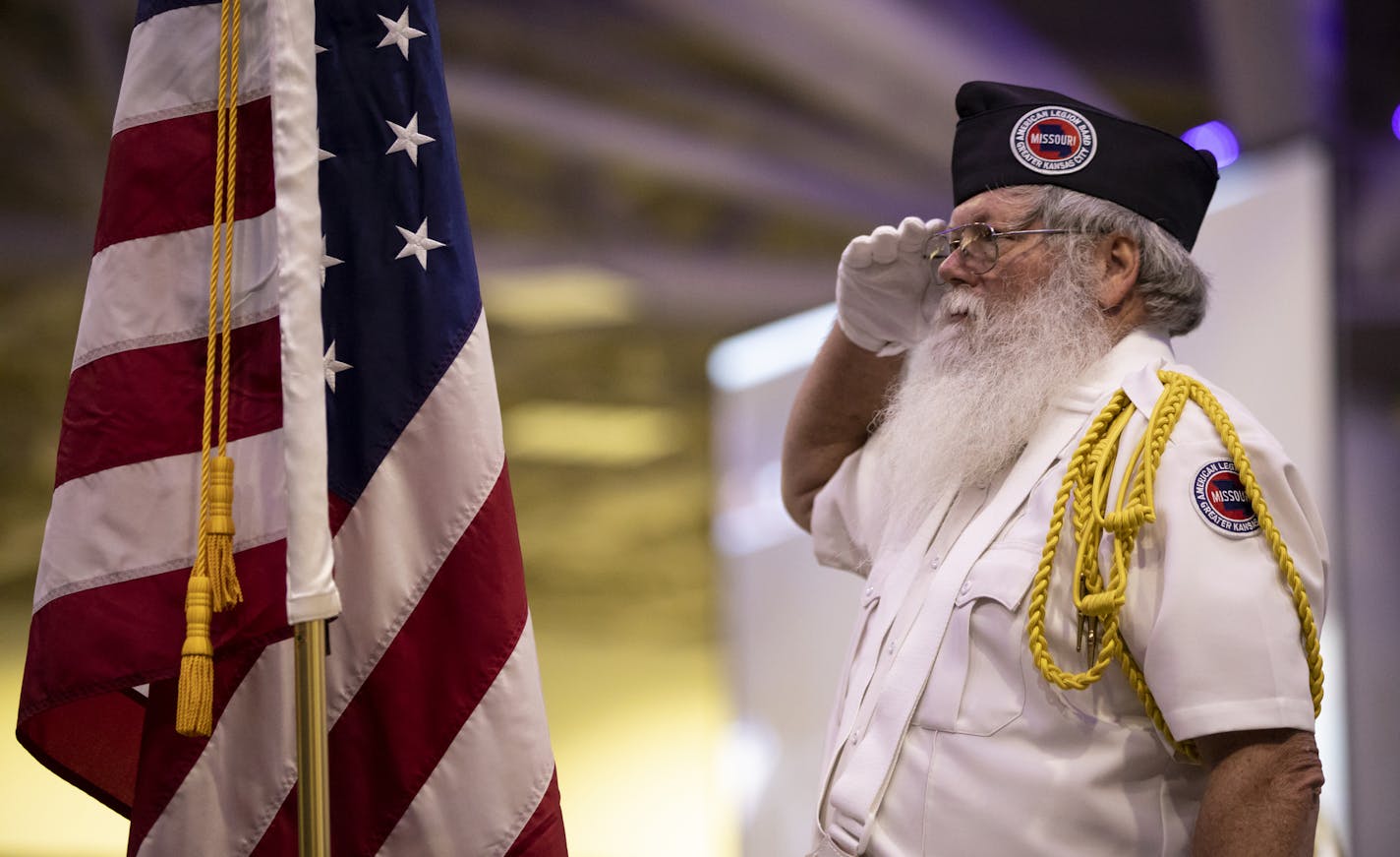 Doug Hall, of American Legion Band of Greater Kansas City Color Guard, saluted the flag as they competed in the Color Guard contest at the American Legion 100th National Convention at the Minneapolis Convention Center in Minneapolis, Minn. on August 24, 2018. More than 10,000 American Legion members arrive in Minneapolis for its 100th annual convention--the site of its first ever convention in 1918. ] RENEE JONES SCHNEIDER &#x2022; renee.jones@startribune.com