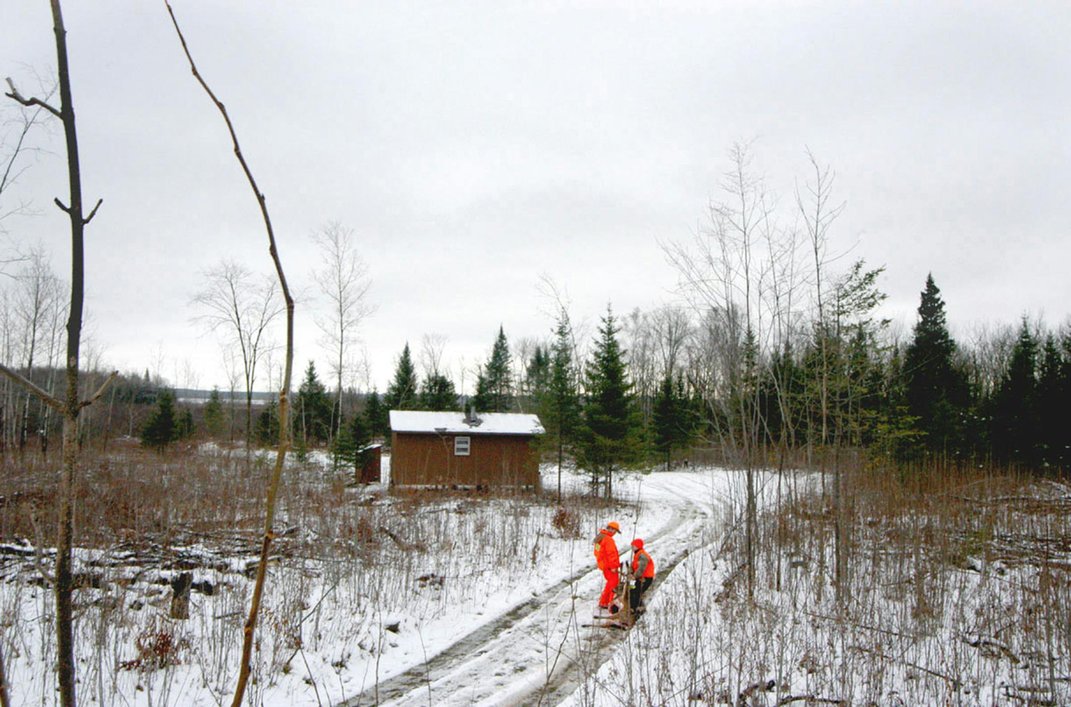 LEARNING BY DOING: In this 2004 photo, brothers Trevor Anderson, then 12, and Cole Anderson, 10, drag a spke buck to a hunting shack on the Wisconsin deer opener. ORG XMIT: MIN2013112206130101