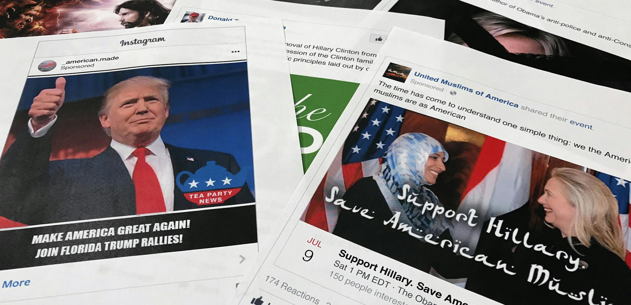 Some of the Facebook and Instagram ads linked to a Russian effort to disrupt the American political process and stir up tensions around divisive social issues, released by members of the U.S. House Intelligence committee, are photographed in Washington, on Wednesday, Nov. 1, 2017. A report compiled by private researchers and released by the Senate intelligence committee Monday says that "active and ongoing" Russian interference operations still exist on social media platforms, and that the Russi