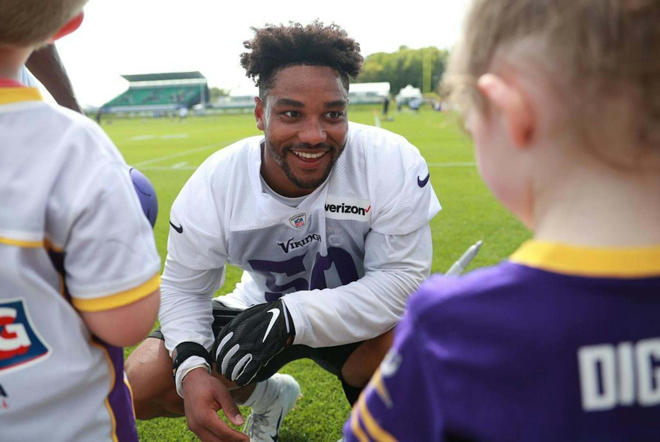 Minnesota Vikings linebacker Eric Wilson greeted children and signed autographs on the sideline after practice on Friday. ALEX KORMANN • alex.kormann@startribune.com The Minnesota Vikings opened up their first full day of training camp on Friday July 26, 2019 at TCO Performance Center in Eagan, MN. Doors opened to fans at 11AM to watch their favorite players practice and get excited for the 2019 NFL season.
