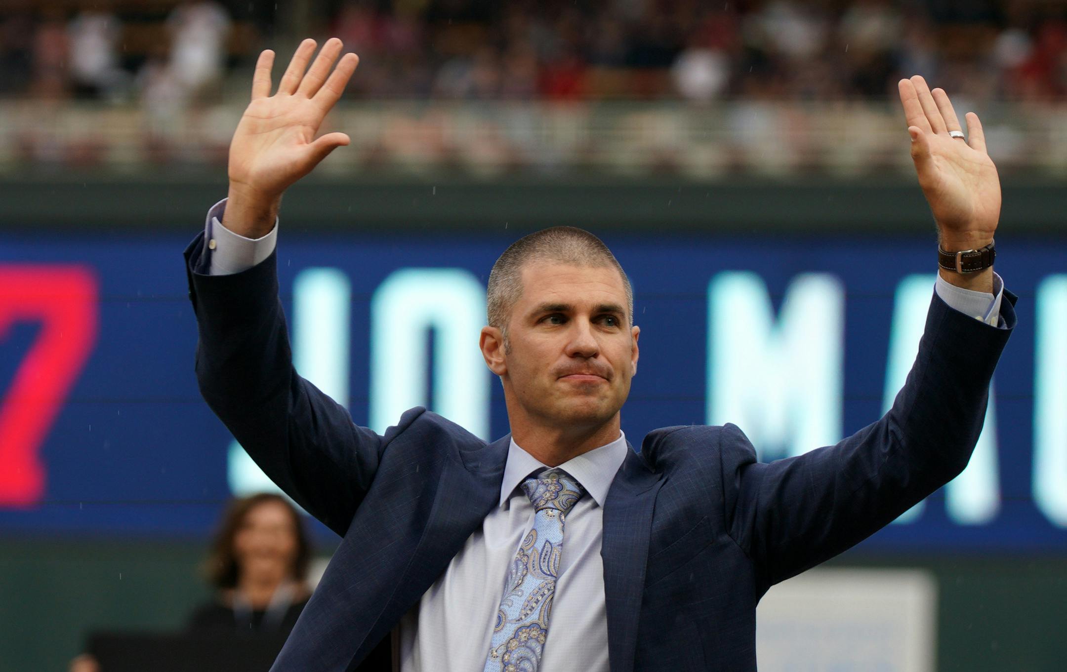 Former Twins great Joe Mauer acknowledged his fans during a pregame ceremony to retire his number 7 Saturday. ] ANTHONY SOUFFLE • anthony.souffle@startribune.com The Minnesota Twins played the Kansas City Royals in an MLB game Saturday, June 15, 2019 at Target Field in Minneapolis.