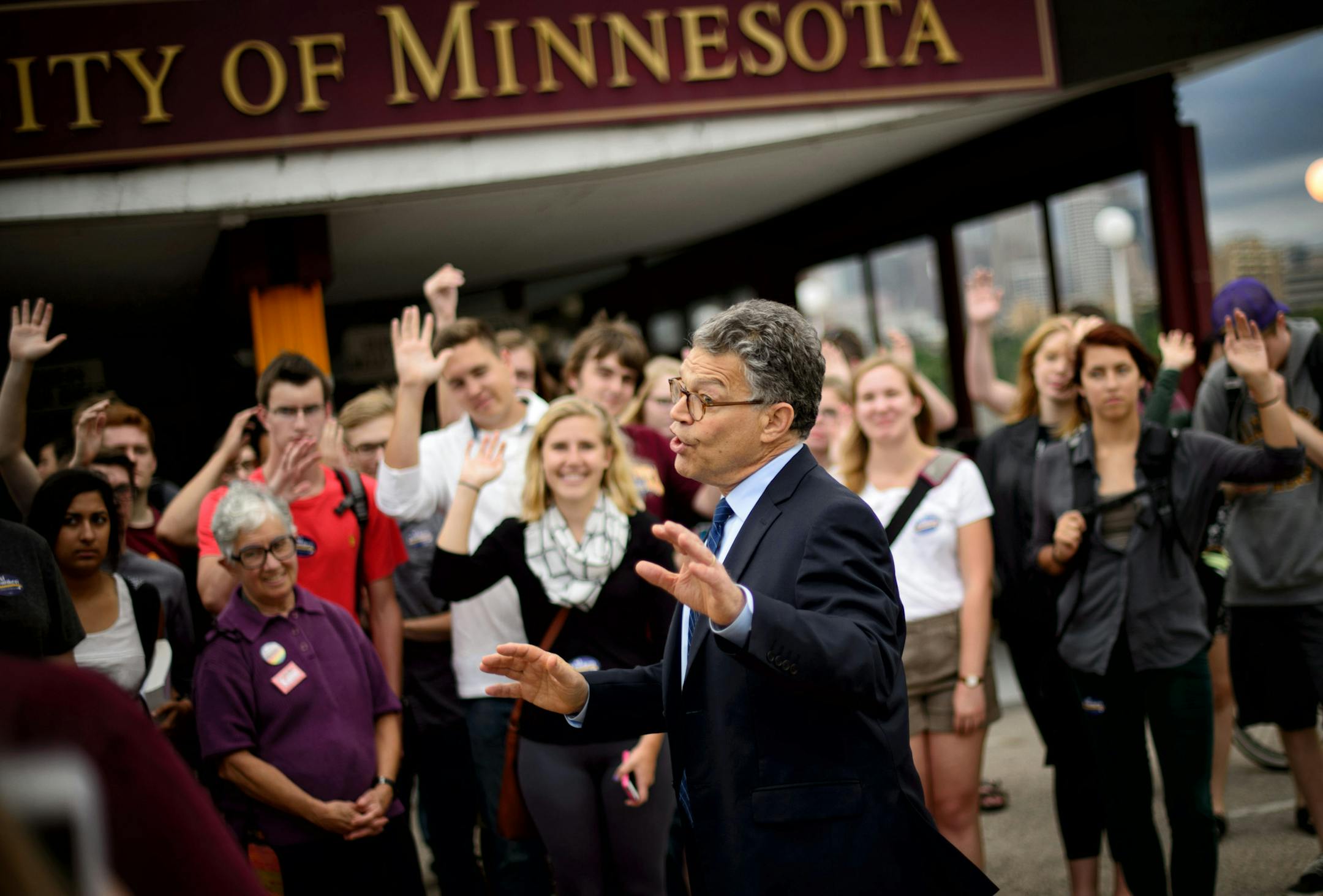 Senator Al Franken asked how many of you paid a lot of money for textbooks as spoke to students at a University of Minnesota rally about the work he’s doing to fight for college affordability and to allow students to refinance their college loans. He also kicked off a campaign door knock taking place that evening. Wednesday, September 3, 2014. ] Wednesday, September 3, 2014. GLEN STUBBE * gstubbe@startribune.com
