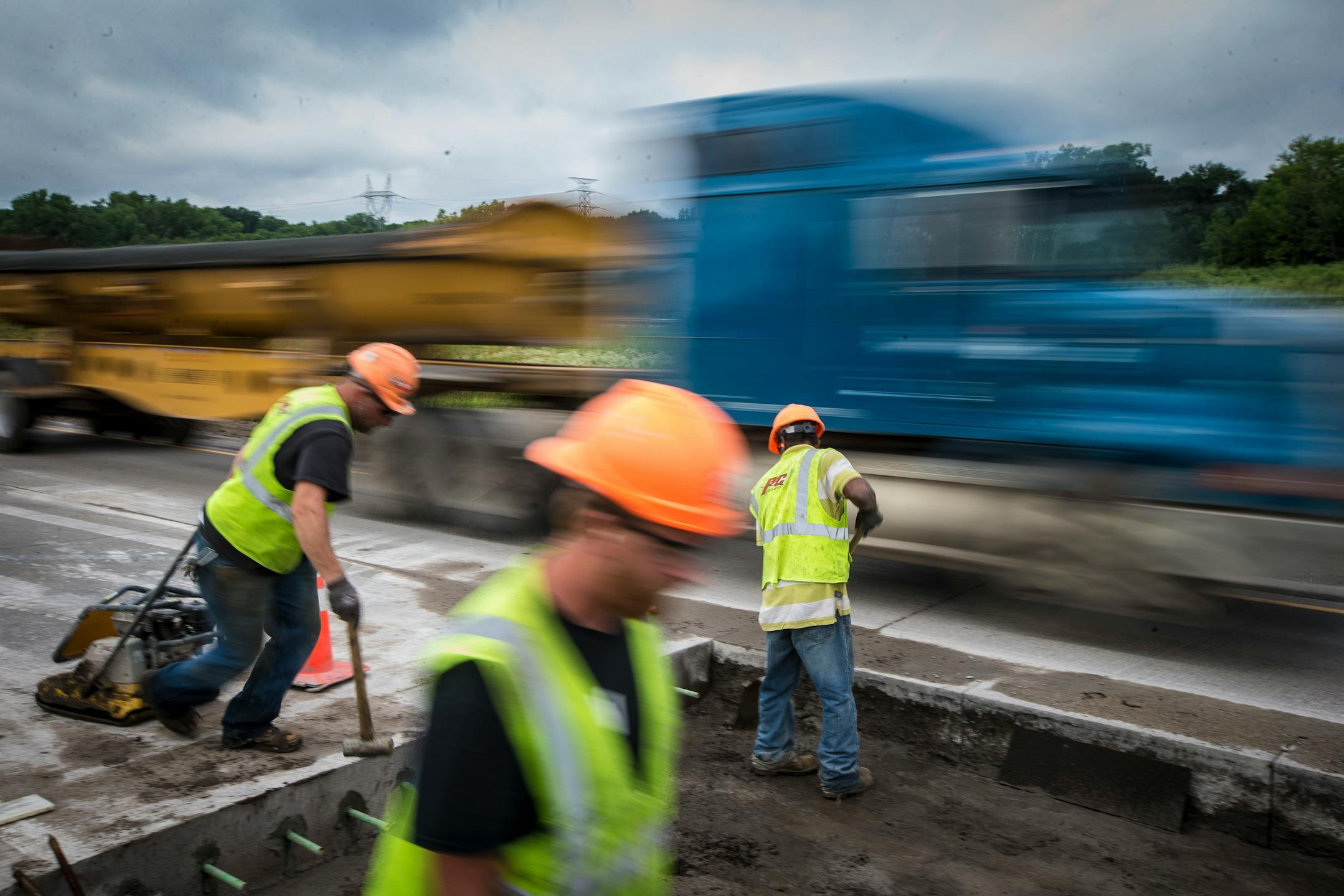 Construction workers Nick Norman, Joe Olson and Eldio Ferreira worked on a lane of Hwy. 55 in Inver Grove Heights in 2014. National Work Zone Safety week kicks off Sunday with a campaign to bring attention to safety of both motorists and workers.