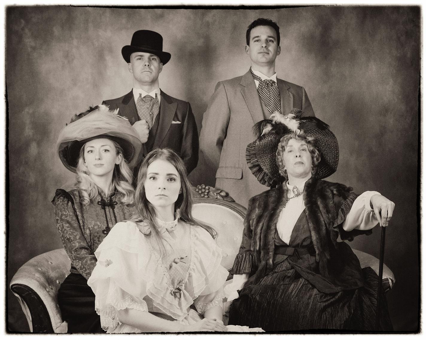 "The Importance of Being Earnest" by Oscar Wilde, presented by Woodbury Community Theatre. Back, from left: Drew Smith, Jeff Yates. Front, from left: Laura Anderson, Emily Wrolson, Marcie Berglund. Photo by Jeanne Berget