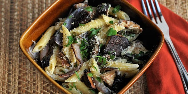 Penne With Roasted Mushrooms, Onions and Goat Cheese
