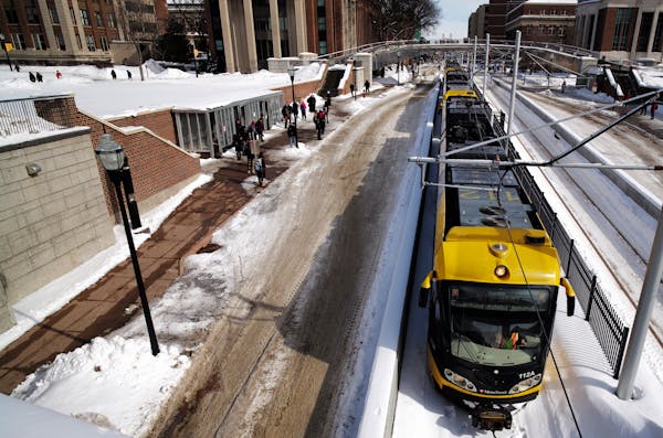 A light-rail train made a test run in St. Paul in February, before heading out on the 11-mile Green Line connector from downtown St. Paul to Minneapol