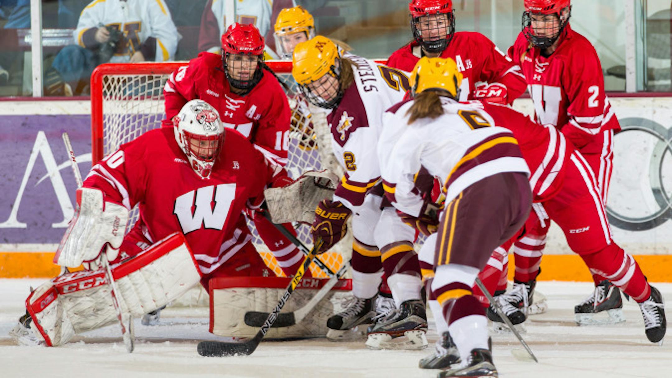 Sidney Peters made a career-high 38 saves as the fourth-ranked Gophers women's hockey team tied No. 1 Wisconsin 0-0 on Sunday in front of 3,129 at Ridder Arena. After three periods and overtime, the Gophers (23-5-5, 19-4-5-3 WCHA) secured an extra point in the WCHA standings when Lee Stecklein scored the only goal of a three-round shootout. Photo is courtesy of the University of Minnesota. For more Gophers photos, go to gophersports.com.