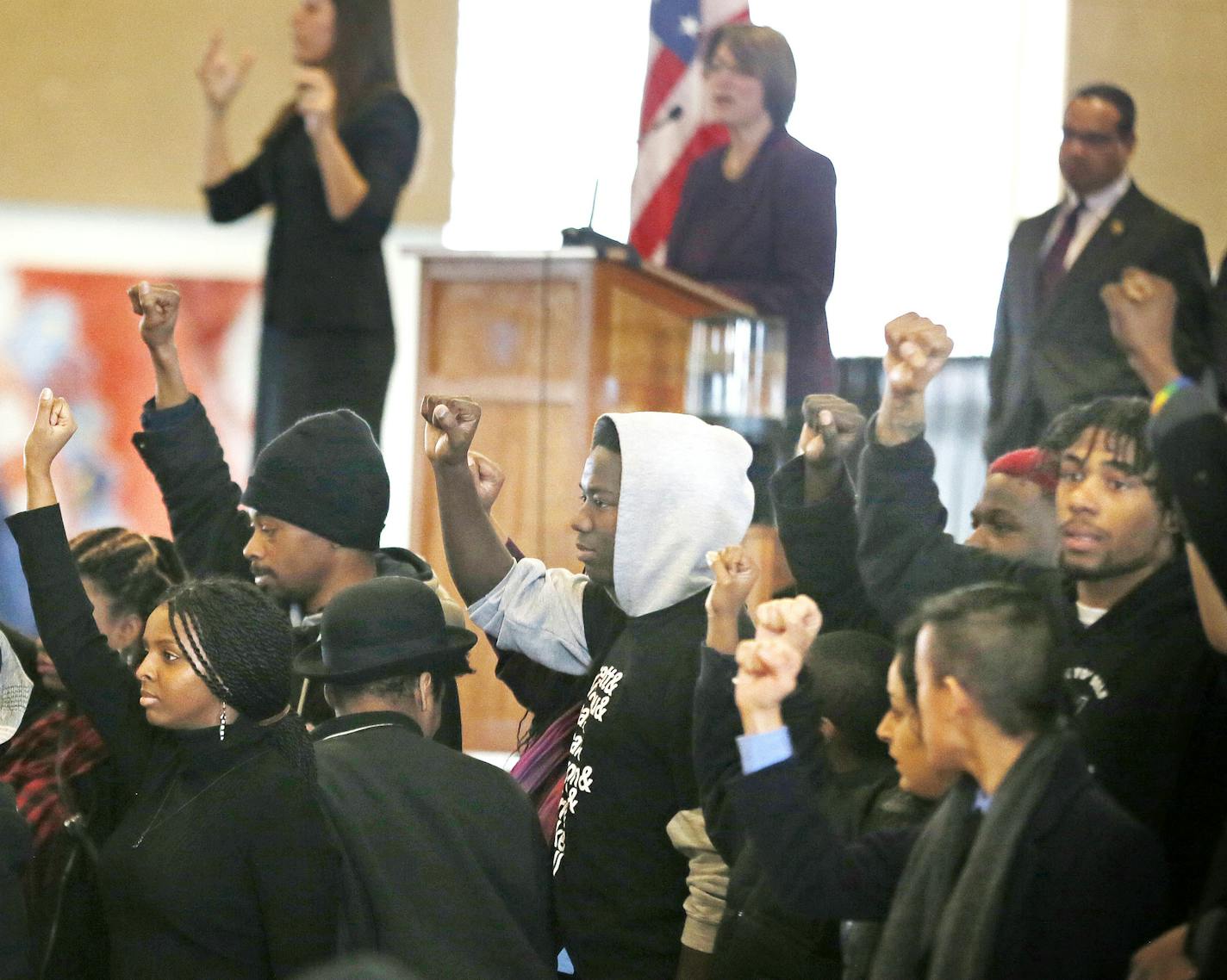 Senator Amy Klobuchar spoke as members of Black Lives Matter staged a die in during the Martin Luther King Jr. Day at Macalester College Monday January 19, 2015 St. Paul, MN.] Jerry Holt/ Jerry.Holt@Startribune.com