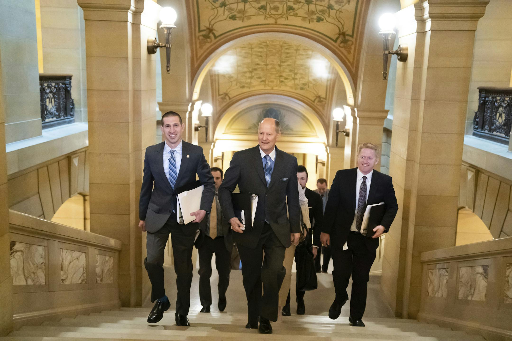 Senate President Jeremy Miller, Senate Majority Leader Paul Gazelka and Finance Chair Senator Julie Rosenwalked back to their offices after presenting Governor Walz with a new budget offer in St. Paul, Minn., Monday, May 13, 2019. Budget negotiations between Walz and state House and Senate leaders have broken off again amid an ongoing clash over taxes. (Glen Stubbe/Star Tribune via AP)