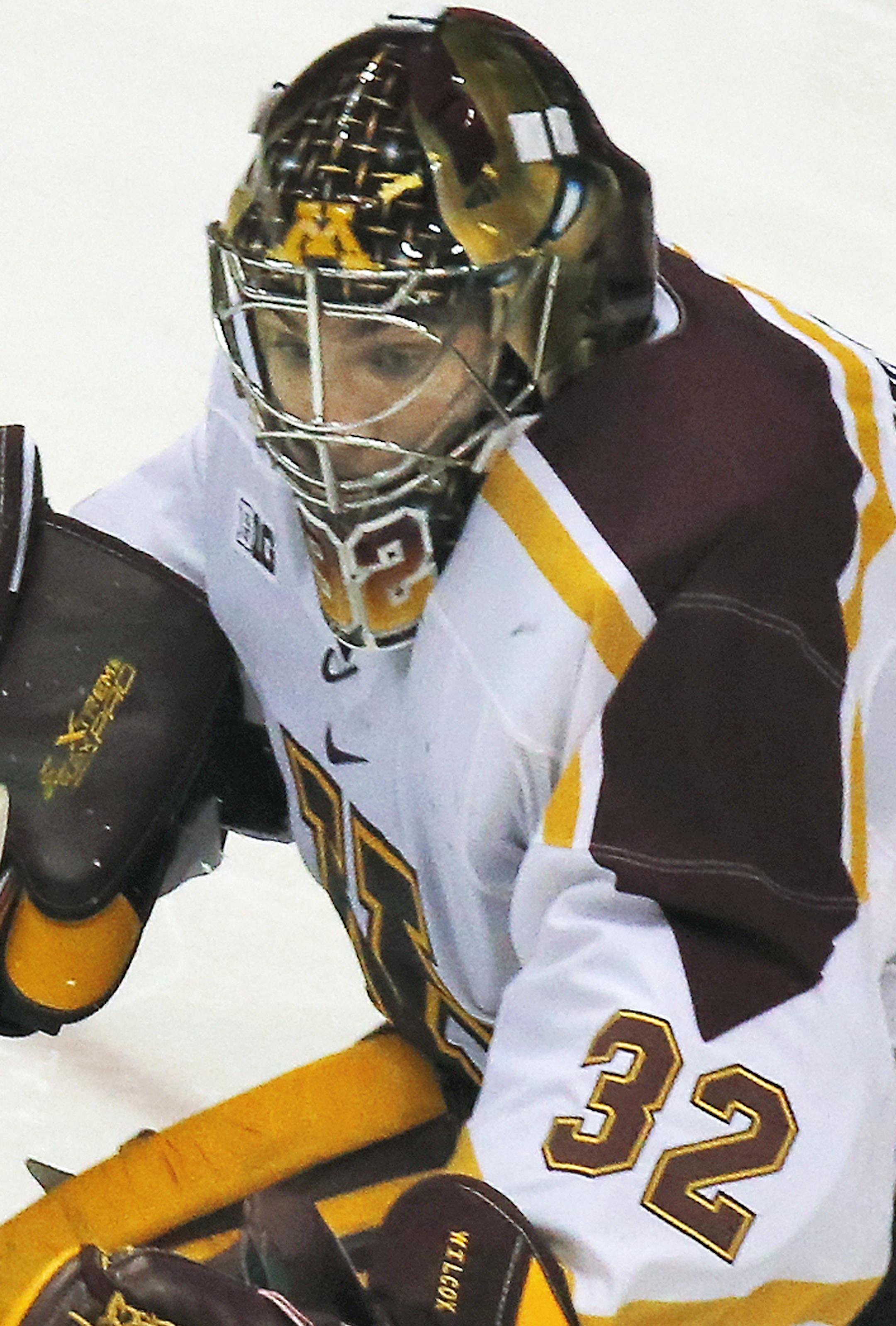 Minnesota Gophers vs. St. Cloud State University (SCSU). Minnesota goalie Adam Wilcox blocked a shot on goal. (MARLIN LEVISON/STARTRIBUNE(mlevison@startribune.com)