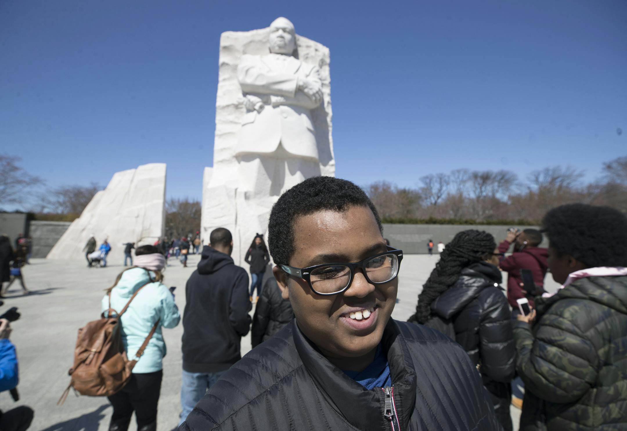 Saeed Mohamed a student at Edison, walked around the MLK monument during their visit to D.C., the students toured Howard University and the new Smithsonian Museum to learn about African-American history, culture and the civil rights movement Friday March 23, 2018 in Washington, D.C .The students will join students from across the country for the March for our lives on Saturday March 24. JERRY HOLT ï jerry.holt@startribune.com