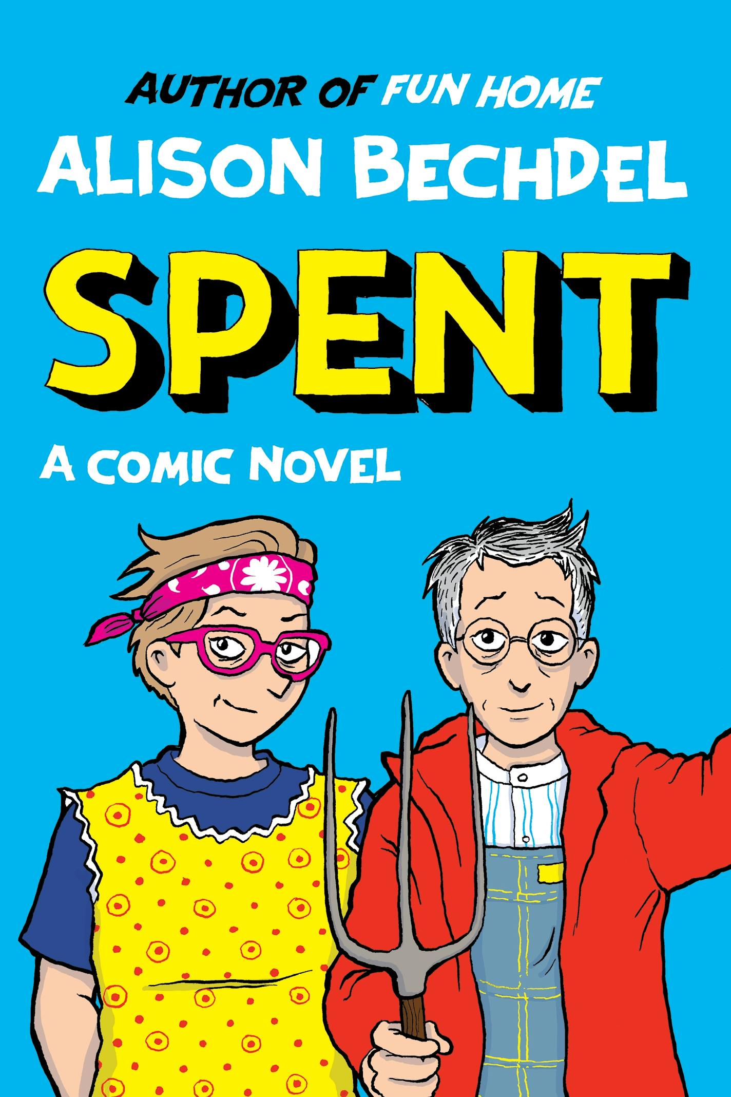 cover of Spent is a cartoon of two women in a pose that recalls "American Gothic"