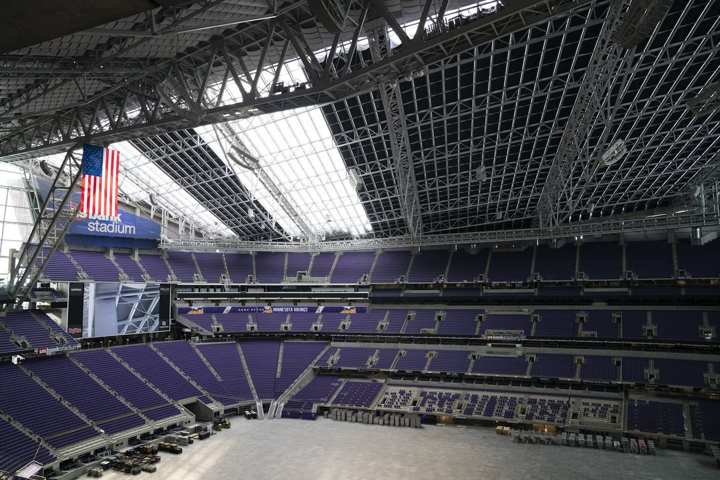 The ceiling section of darkening curtains is 55 percent complete at U.S. Bank Stadium in Minneapolis in preparation for the NCAA Final Four in early April.