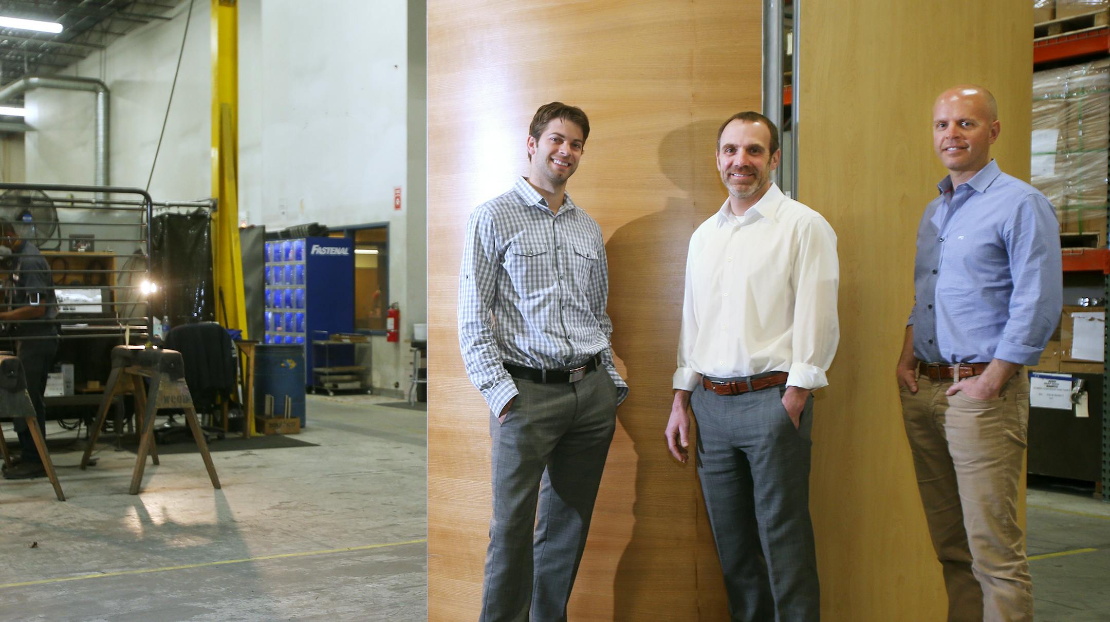 (left to right) : Jon Chase, Vice President/Engineering , John Lewis, CEO/President, Bob Randall, Vice President/Staging Division; standing next to the latest Staging Concepts product, the Bravado Acoustical Shell, used in theatres to improve the sound quality of orchestras, bands and choirs. ] JOELKOYAMA‚Ä¢jkoyama@startribune Brooklyn Park, MN on May 14, 2014.