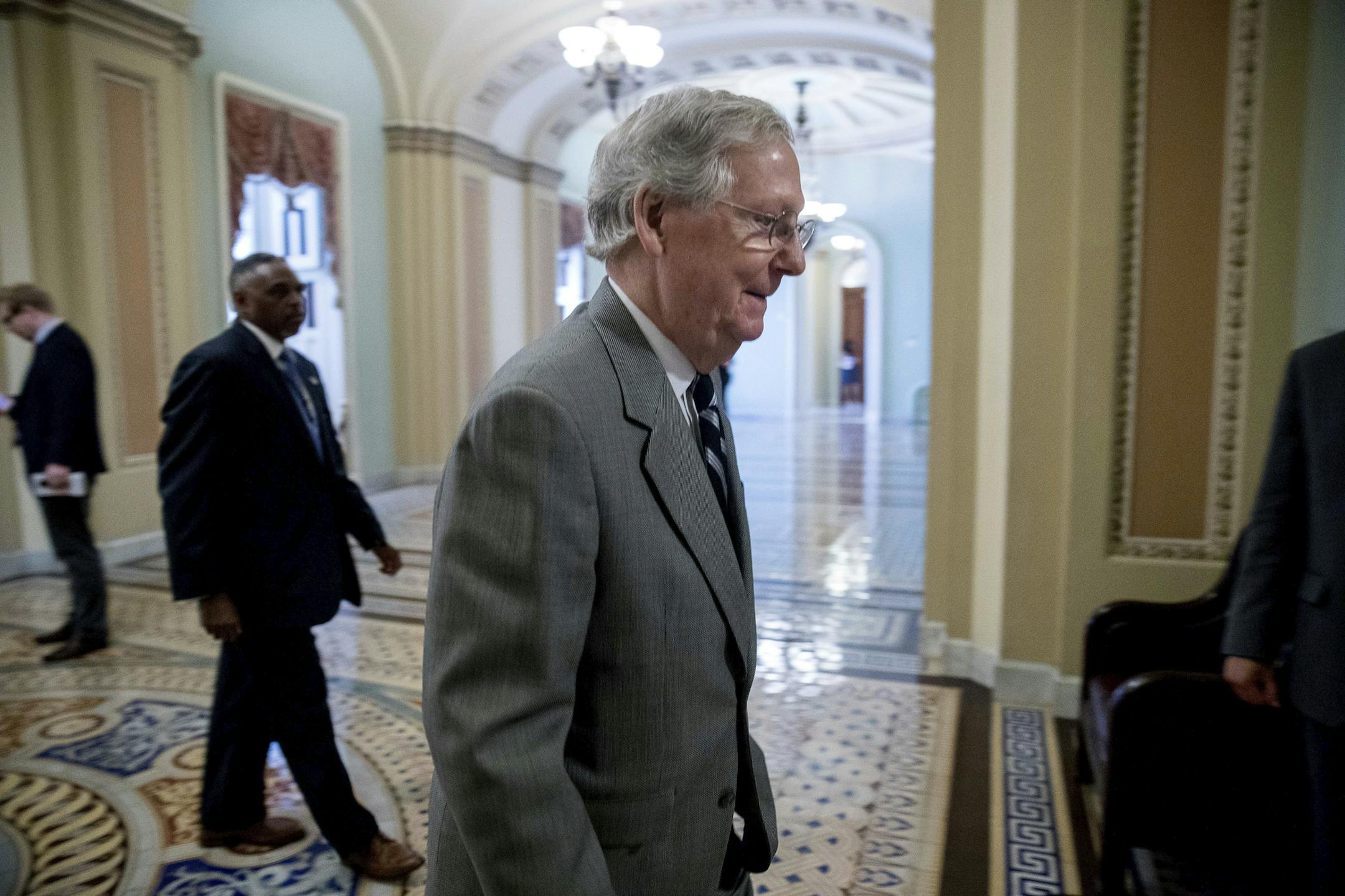 Senate Majority Leader Mitch McConnell of Ky. walks into the Senate Chamber on Capitol Hill, Thursday, July 20, 2017, in Washington. (AP Photo/Andrew Harnik)