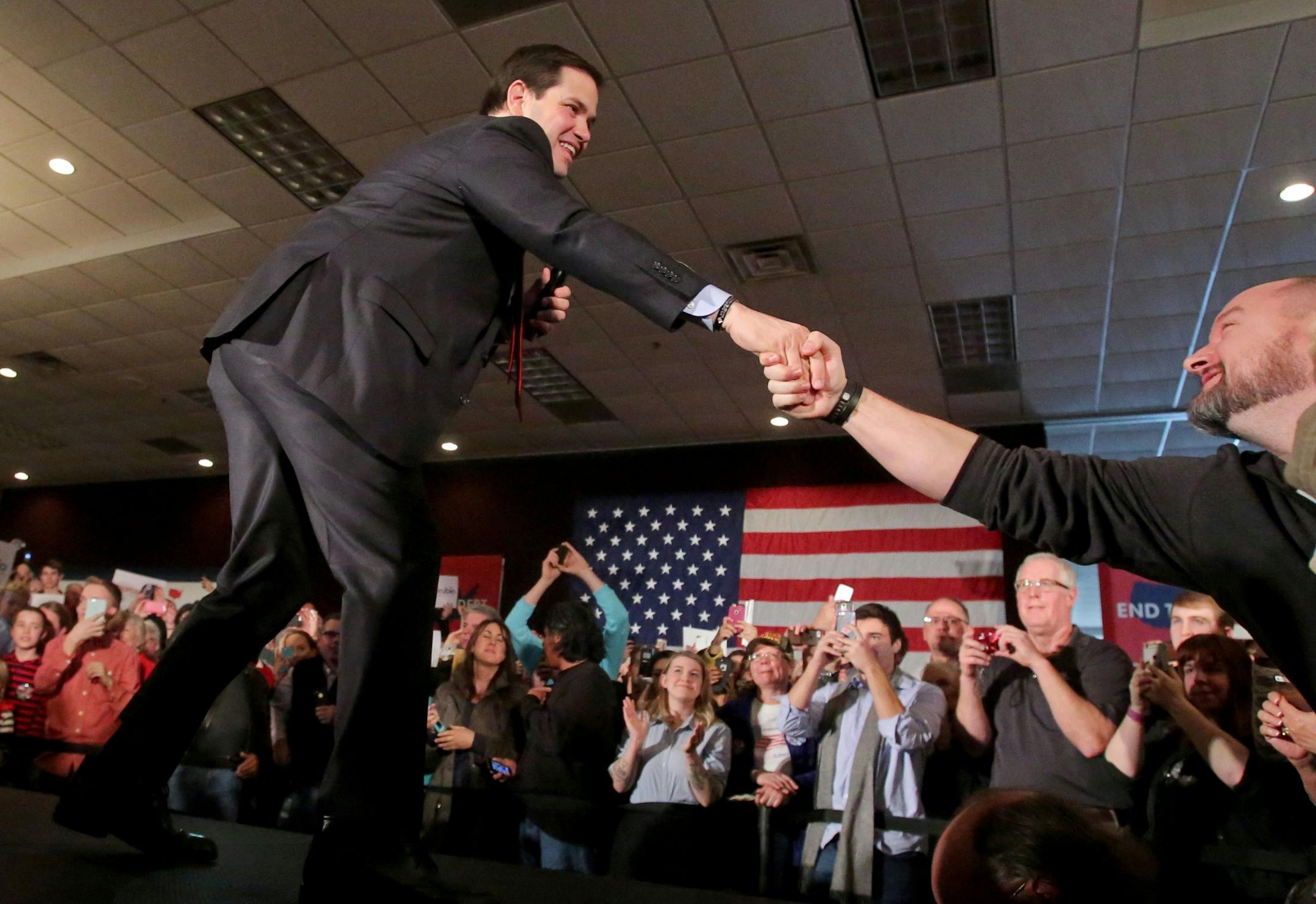 Presidential candidate Senator Marco Rubio, joining forces with Gov. Bobby Jinadal, shook hands with supporters before he shared his vision for A New American Century during his campaign visit Tuesday, March 1, 2016, at the Courtyards of Andover Events Center in Andover, MN.