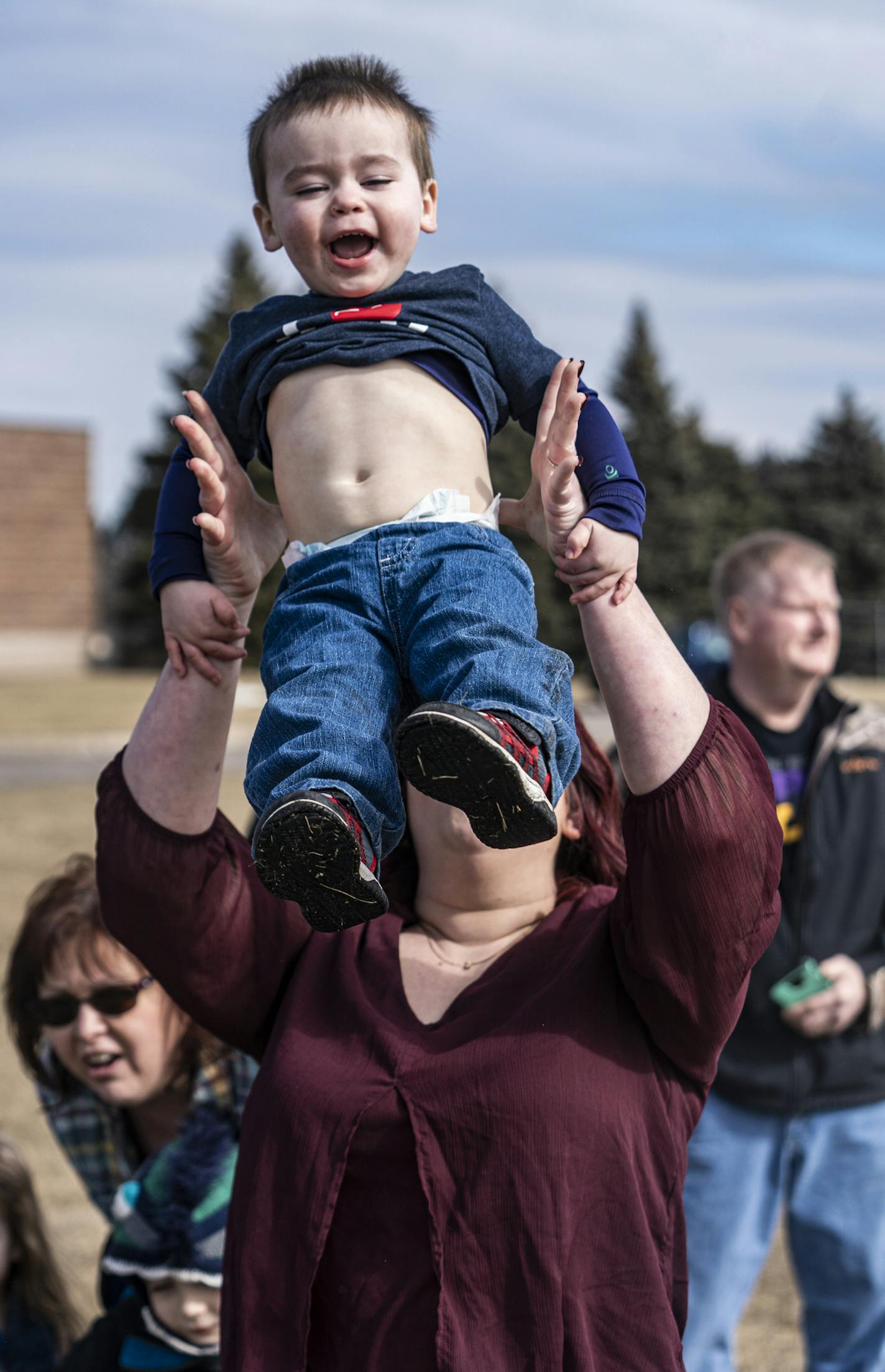 Lauren Shegstad threw her son Peter,1.5 up in the air as her husband, staff sergeant Nicholas Shegstad was about to land. A couple C-130 Hercules aircraft from the Minnesota Air National Guard's 133rd Airlift Wing landed with service members after a four month deployment in the Middle East.] More than 100 U.S. Air Force Airmen and four C-130 Hercules aircraft from the Minnesota Air National Guard's 133rd Airlift Wing will be returning home Wednesday and Friday from a six month deployment to the