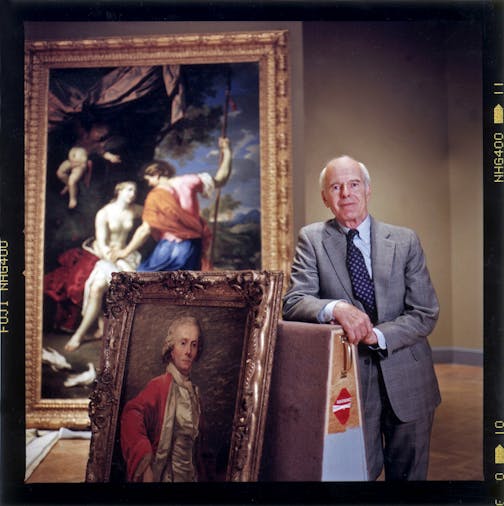 Bruce Dayton, longtime Twin Cities and Minnesota philanthropist, has been (at least at time of this photo in 1992) a trustee and benefactor of the Minneapolis Institute of Arts for about fifty years. Among an exhibition at the MIA of works from his collection are "Self Portrait" (about 1786) by Jean-Laurent Mosnier (smaller one in foreground), and "Venus and Adonis" (about 1650) by Nicolas Mignard. Star Tribune staff photo May 5, 1992, by Tom Sweeney. ORG XMIT: MIN2014121117105564 ORG XMIT: MIN1