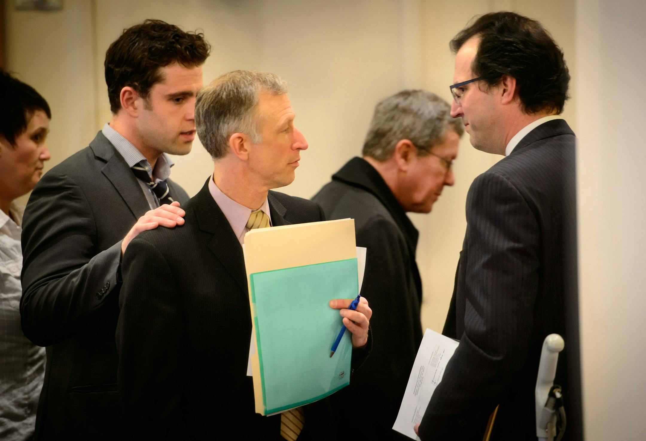 Ben Flattum of the Minnesota Brewers Association, left, thanked Sen. Roger Reinert (DFL-Duluth) for his work on keeping the liquor bill alive. On the right Joe Bagnoli, Minnesota Licensed Beverage Association who also testified. ] GLEN STUBBE * gstubbe@startribune.com Wednesday, March 19, 2014.